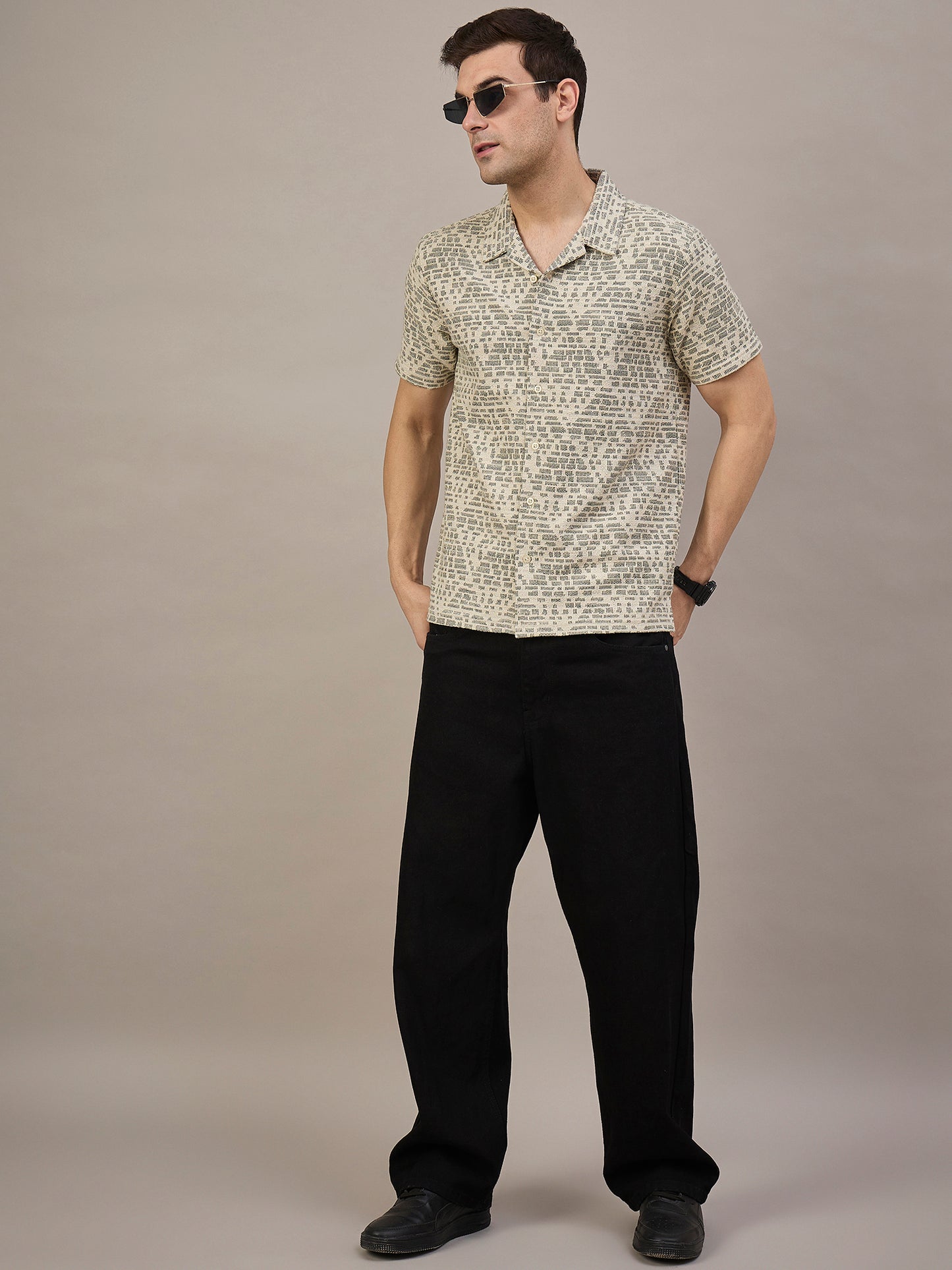 Men Striped Shirt Beige & Grey