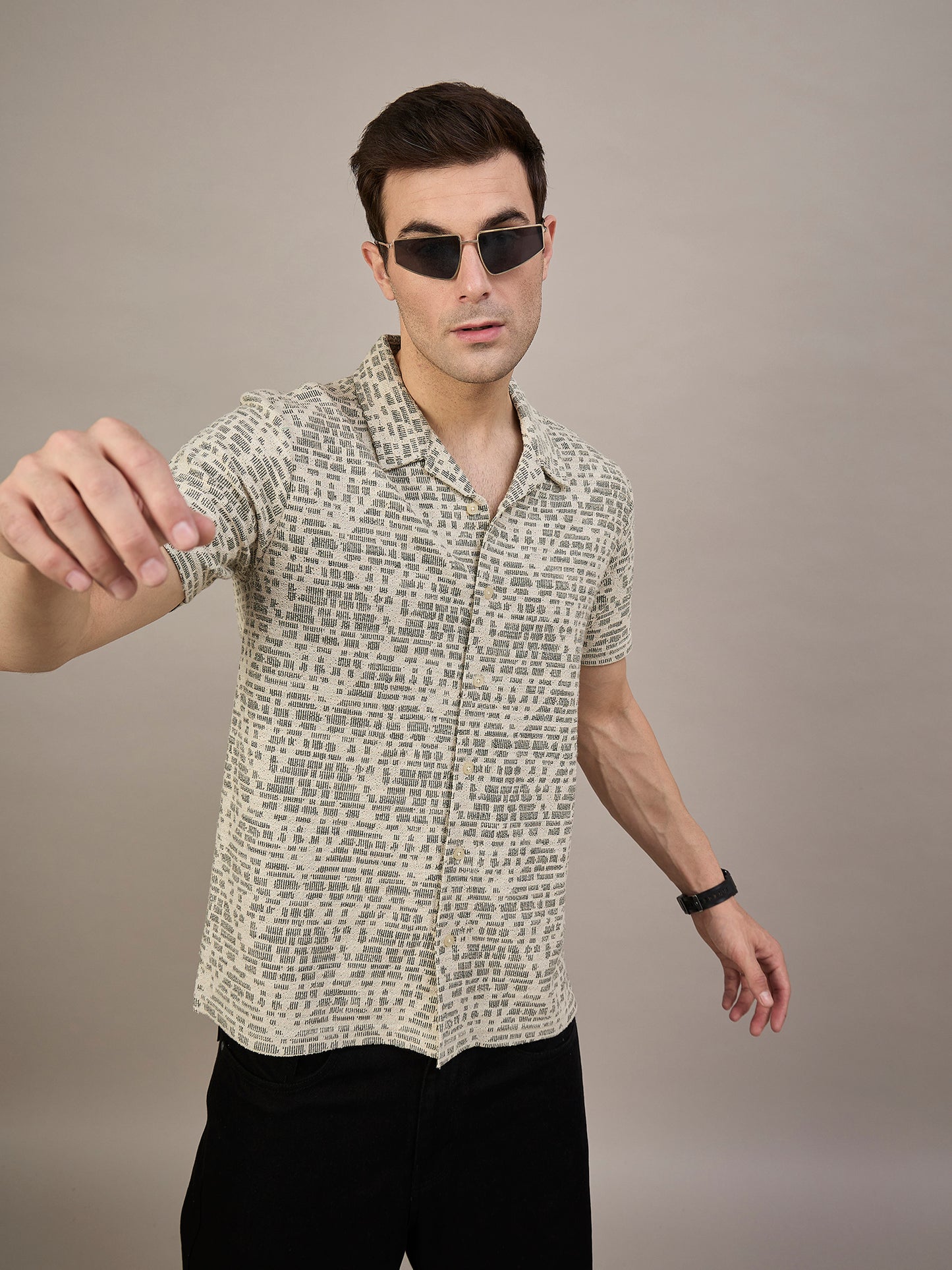 Men Striped Shirt Beige & Grey