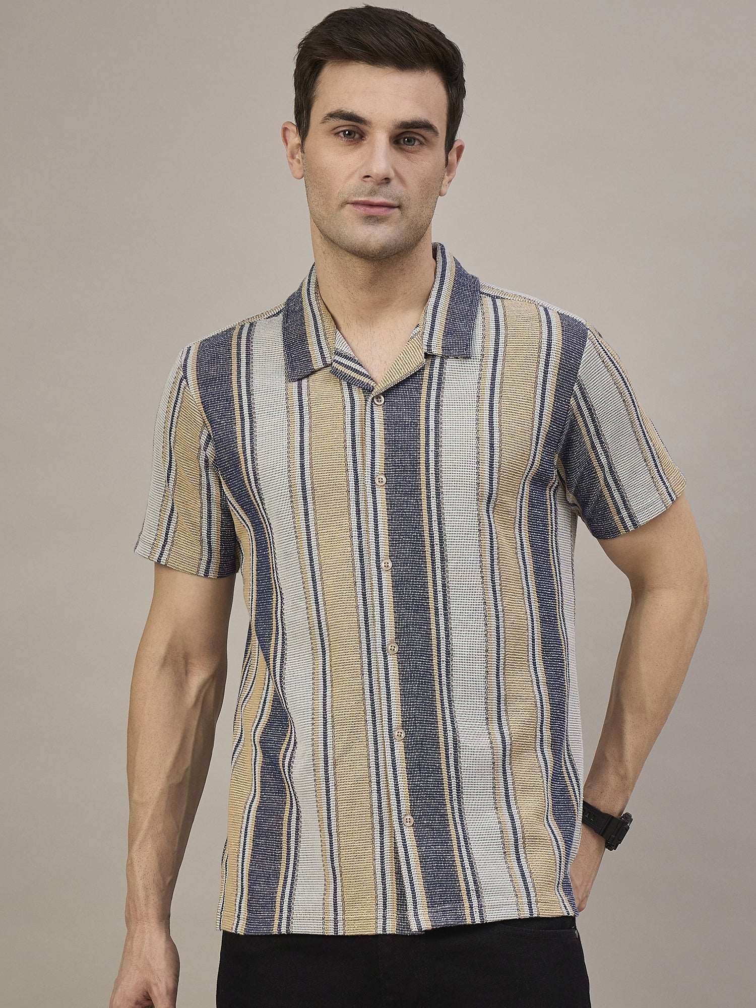 Men Striped Shirt Beige & Navy