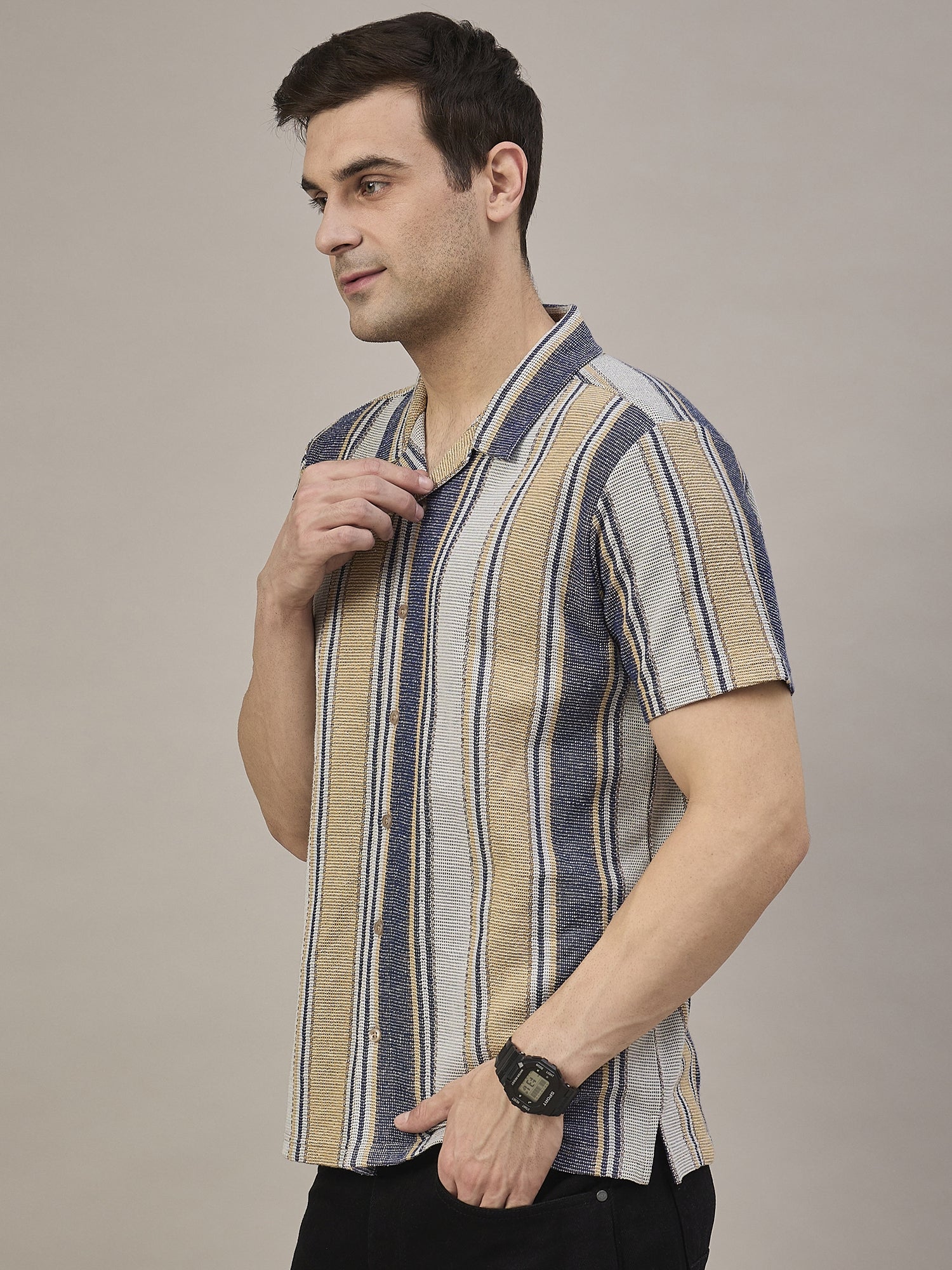 Men Striped Shirt Beige & Navy