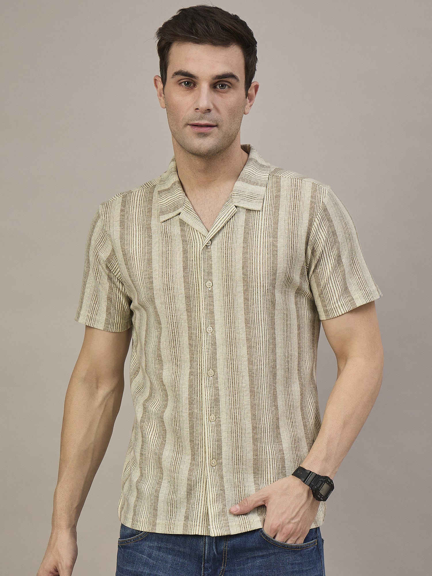 Men Striped Shirt Beige & Light Brown