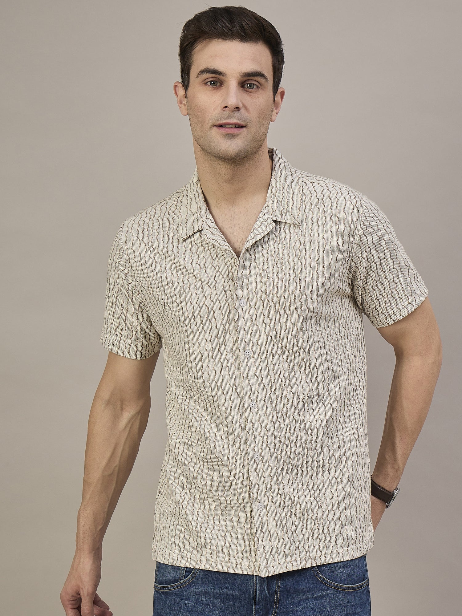 Men Striped Shirt Beige & Light Brown