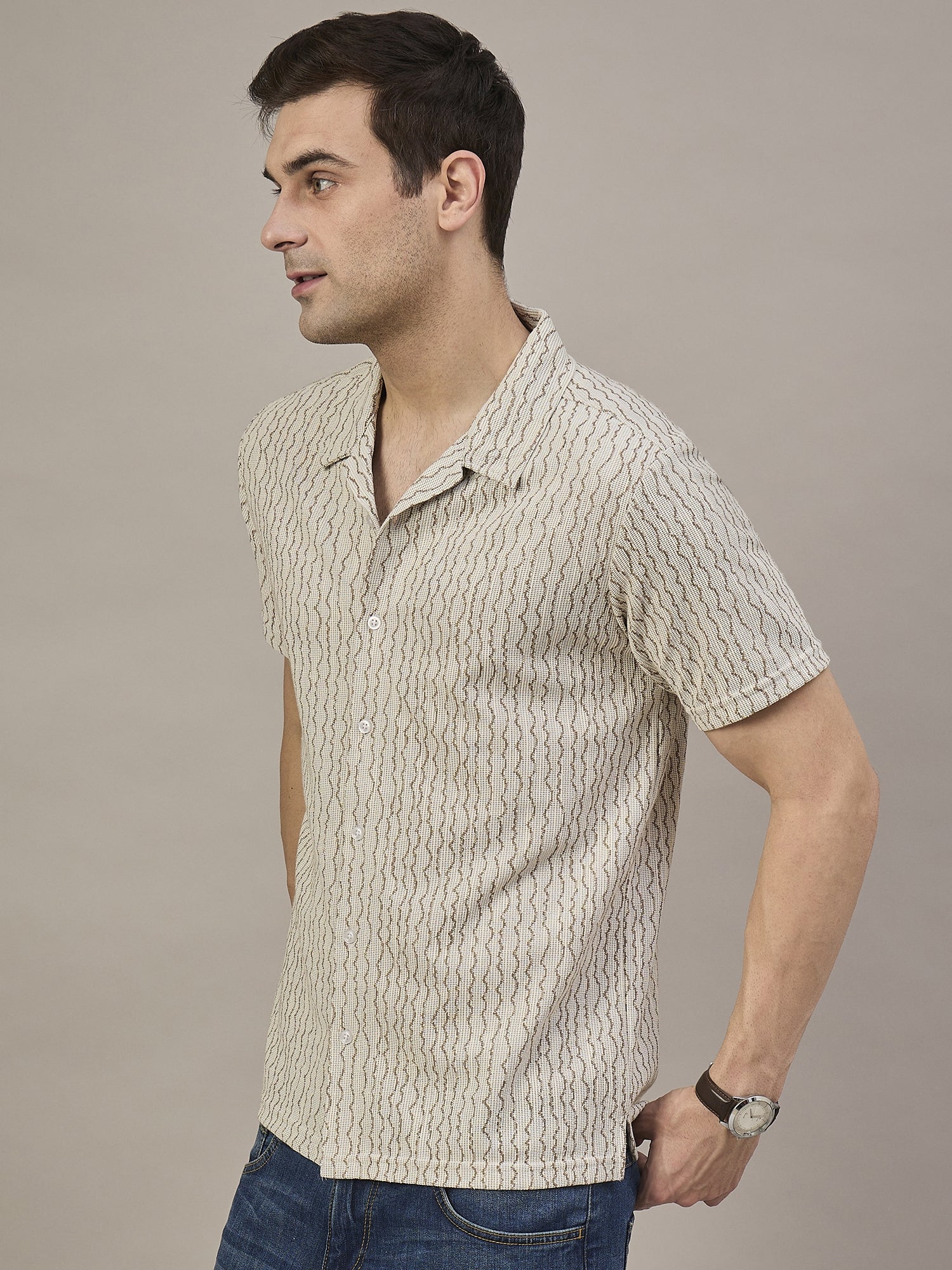 Men Striped Shirt Beige & Light Brown
