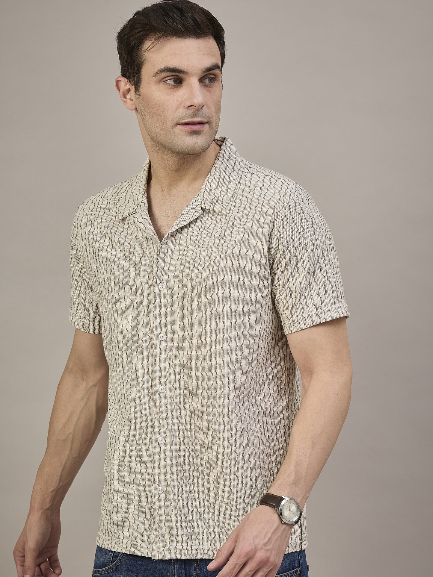 Men Striped Shirt Beige & Light Brown