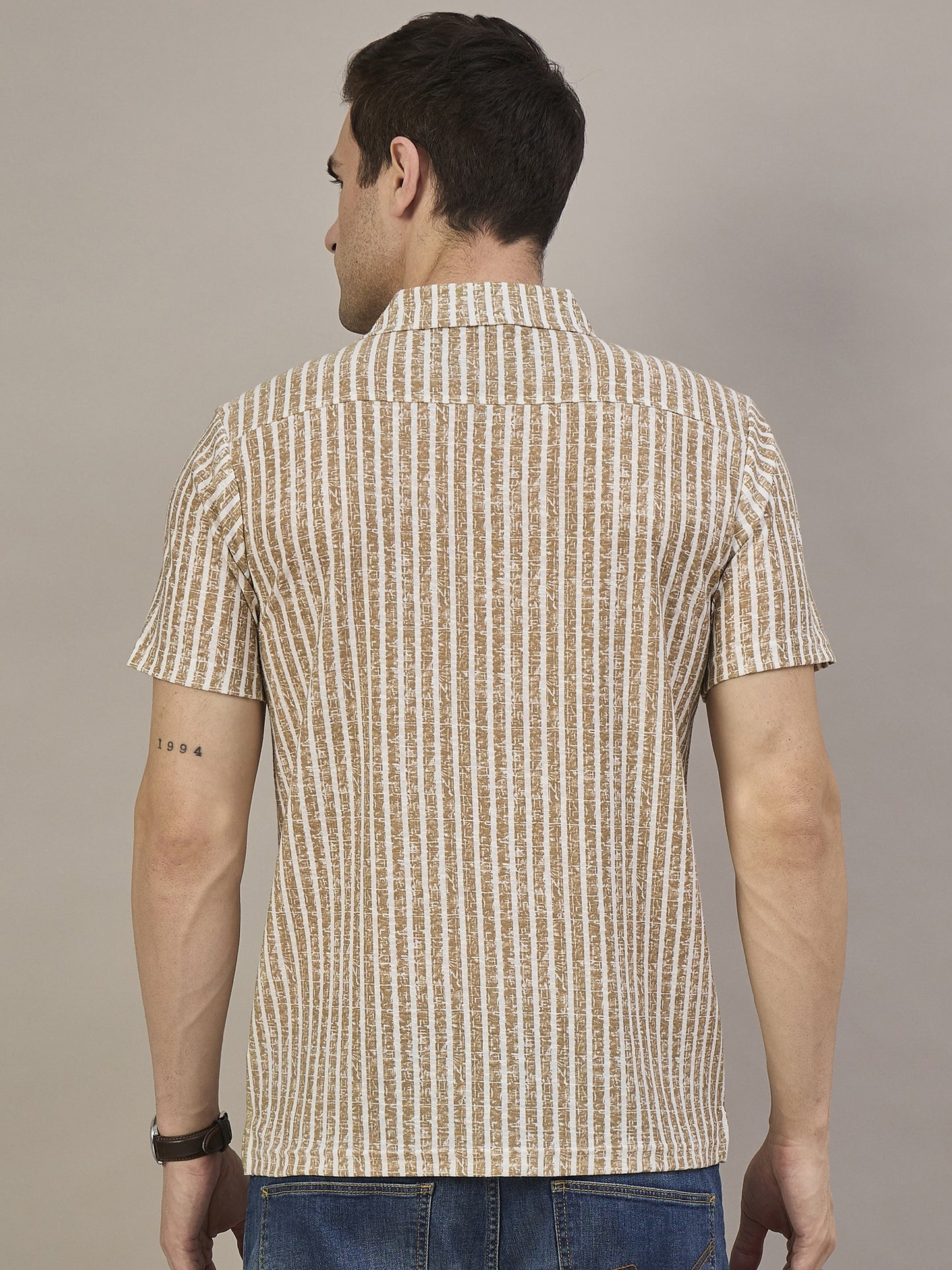 Men Striped Shirt Light Brown