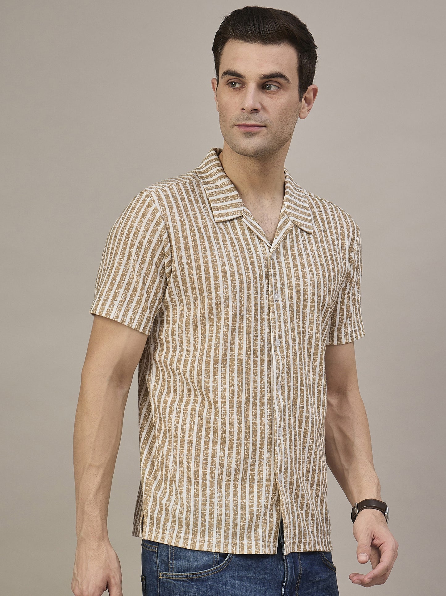 Men Striped Shirt Light Brown