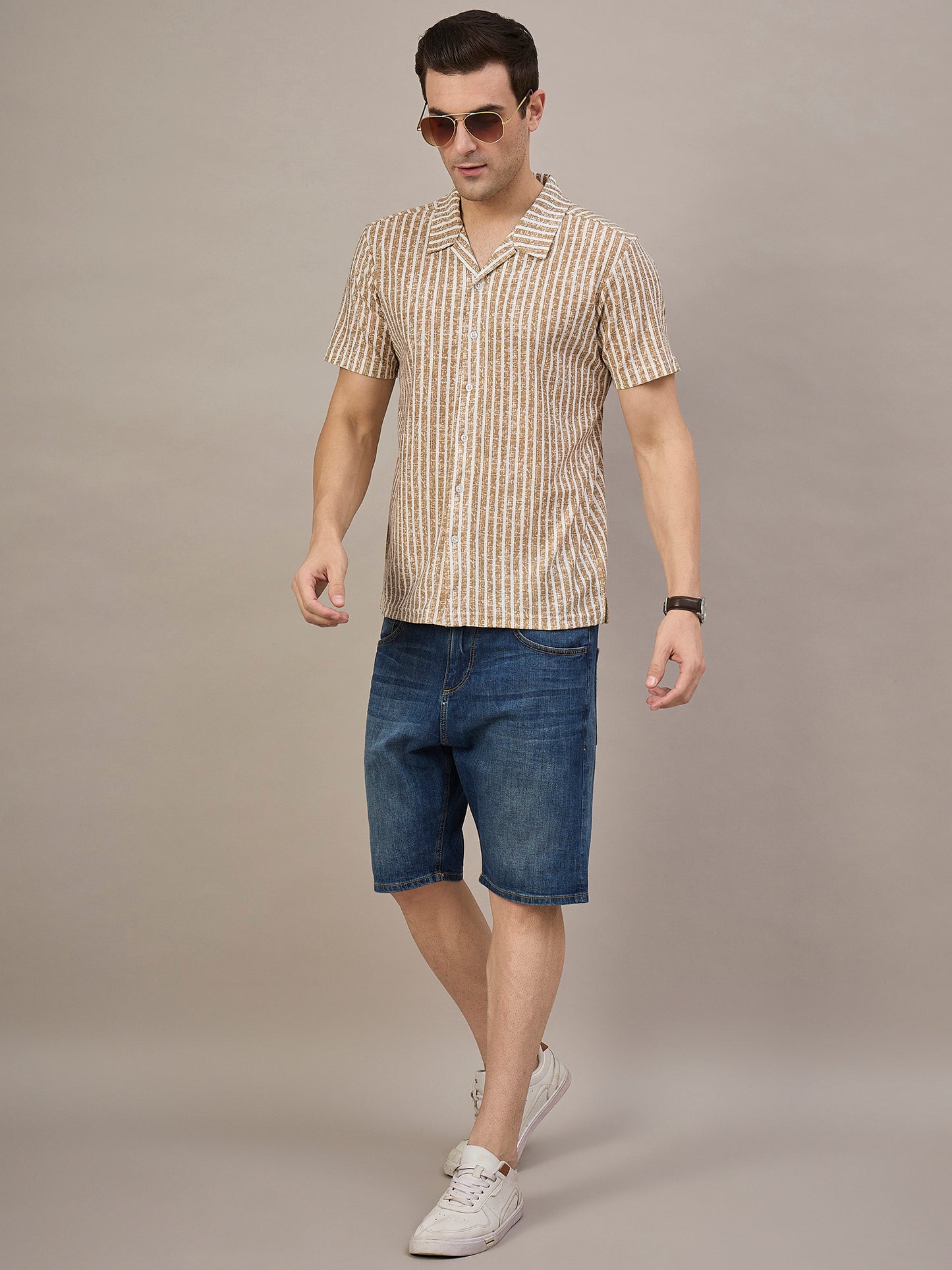 Men Striped Shirt Light Brown