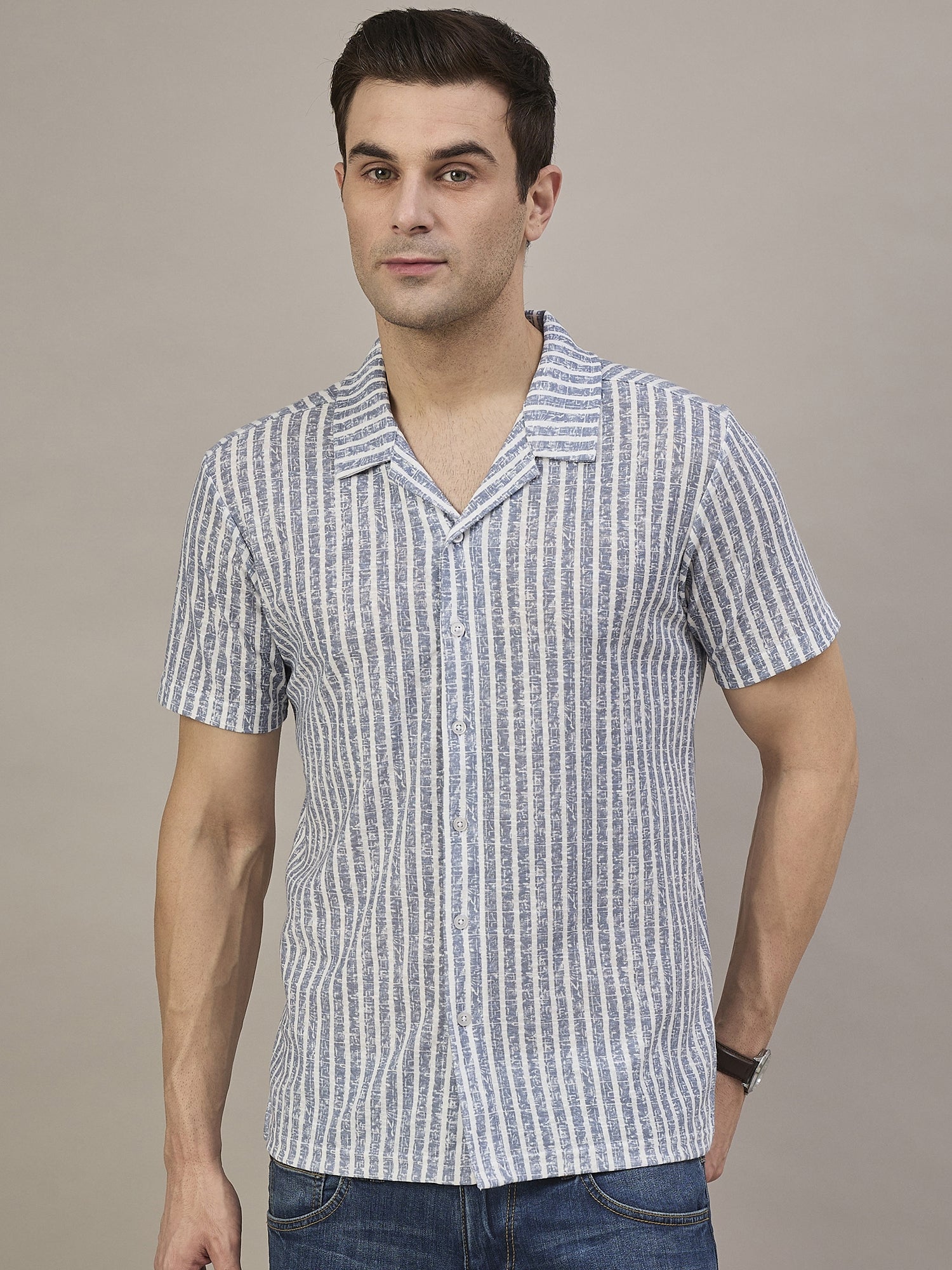 Men Striped Shirt Light Blue & White