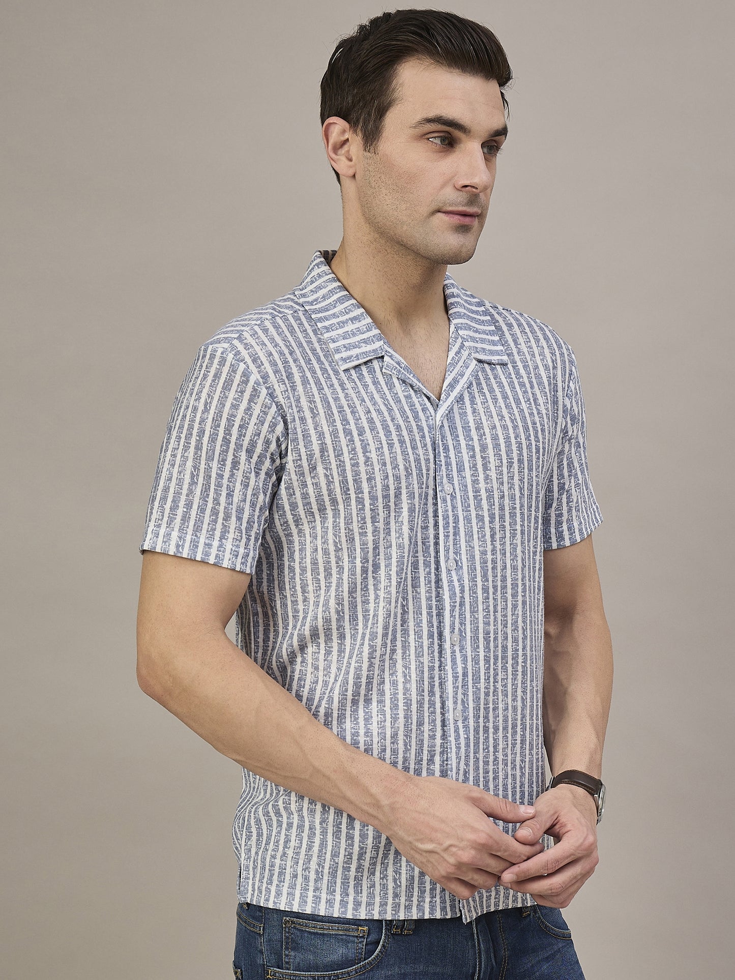 Men Striped Shirt Light Blue & White