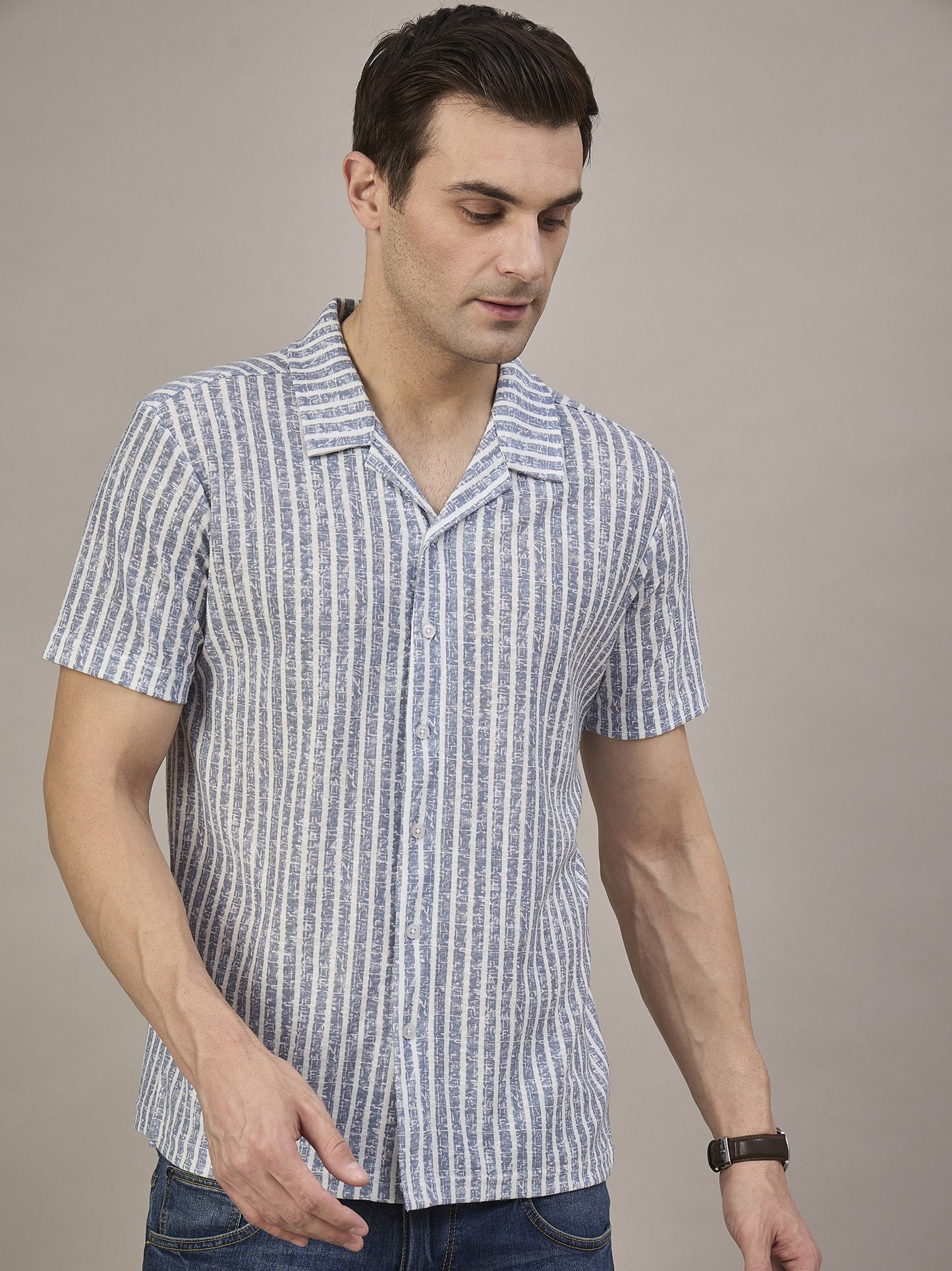 Men Striped Shirt Light Blue & White