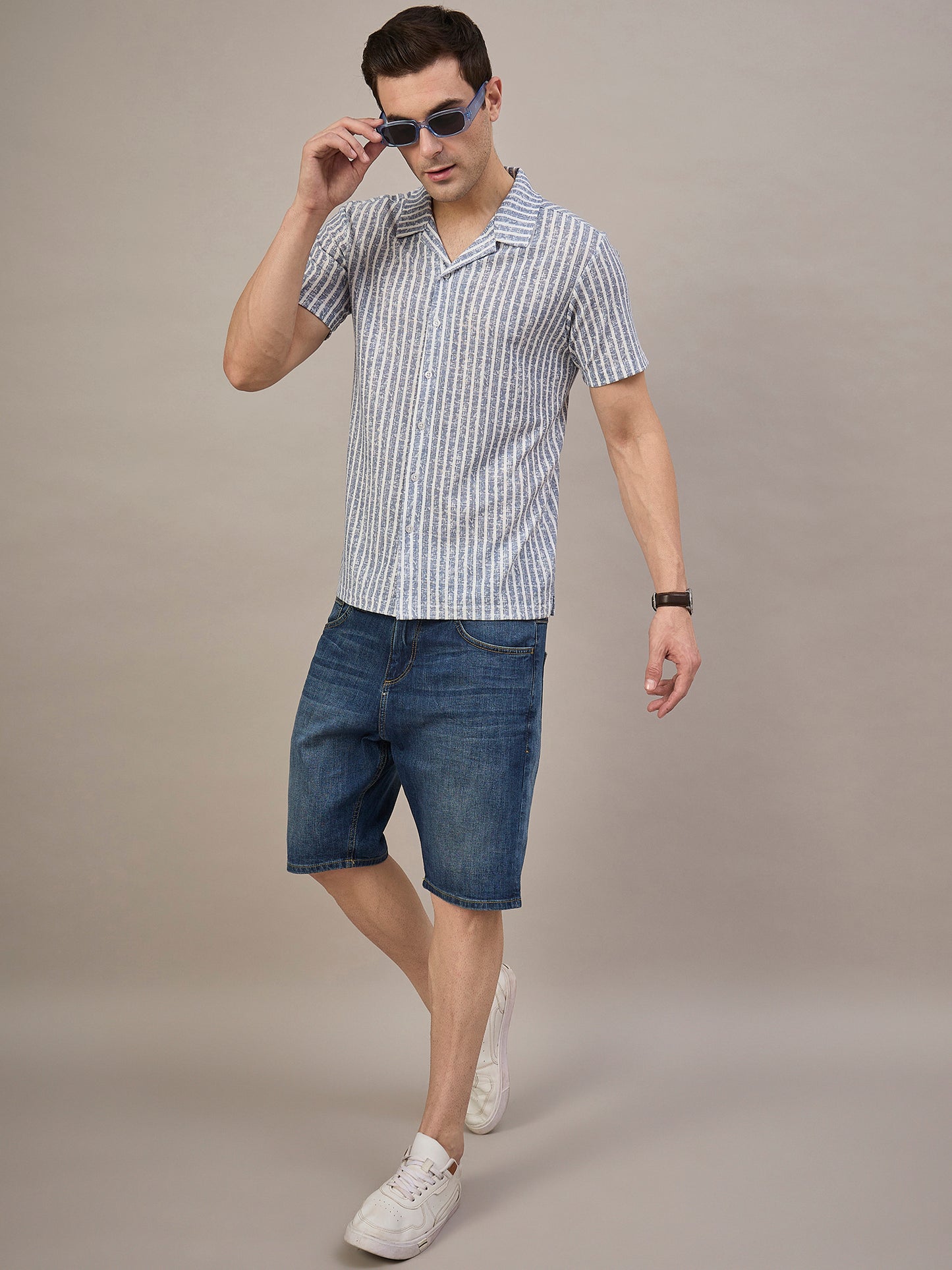 Men Striped Shirt Light Blue & White