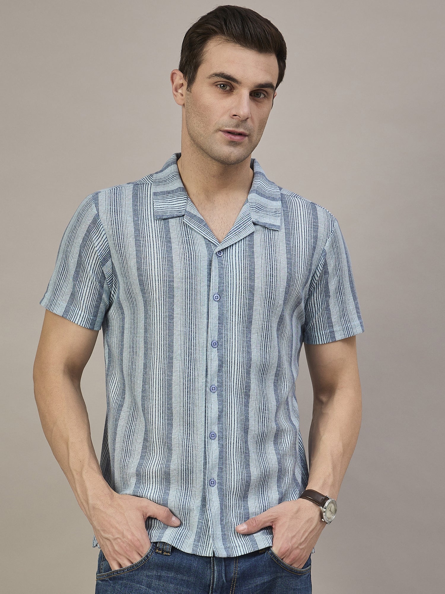 Men Striped Shirt Blue