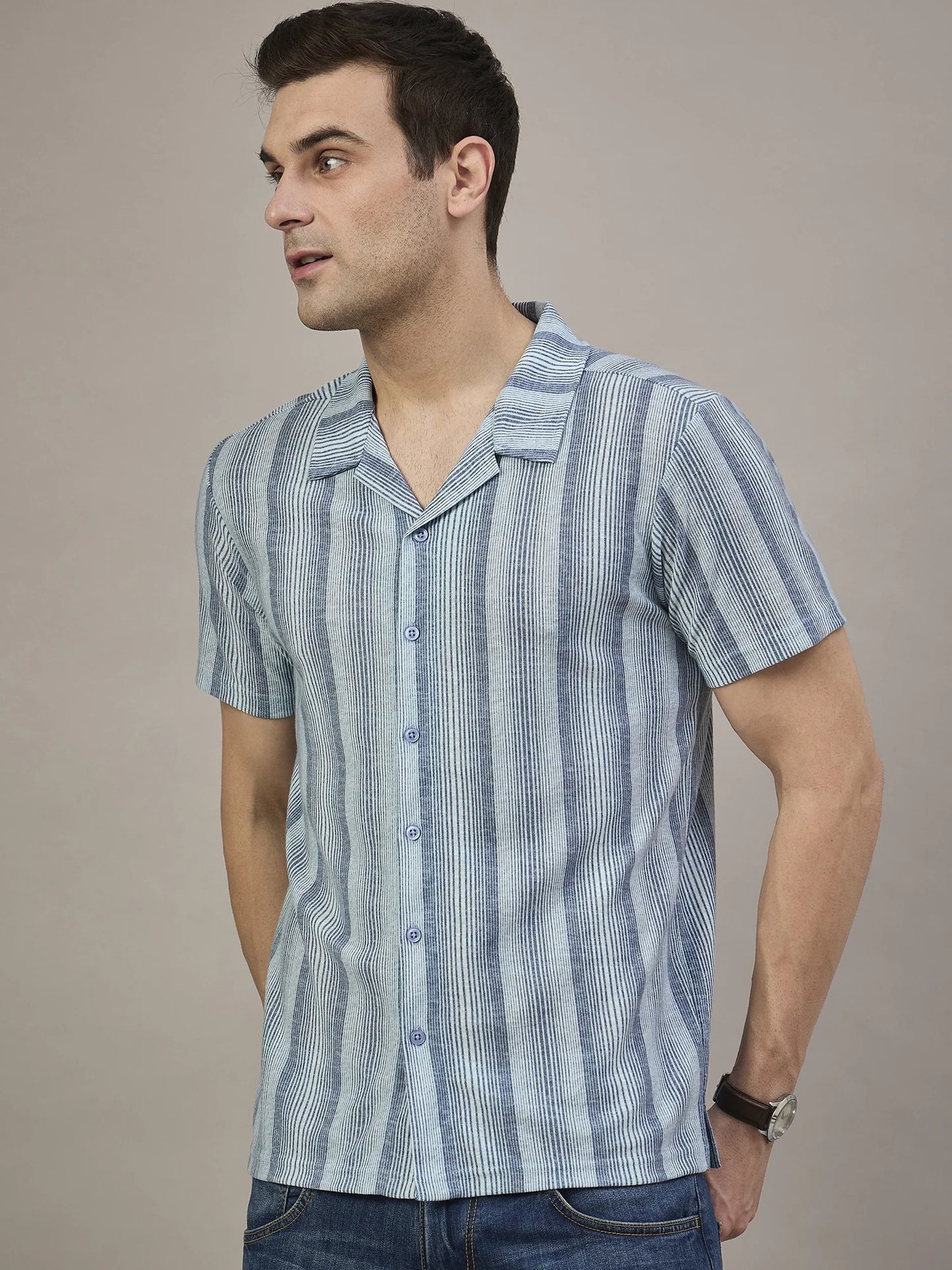 Men Striped Shirt Blue