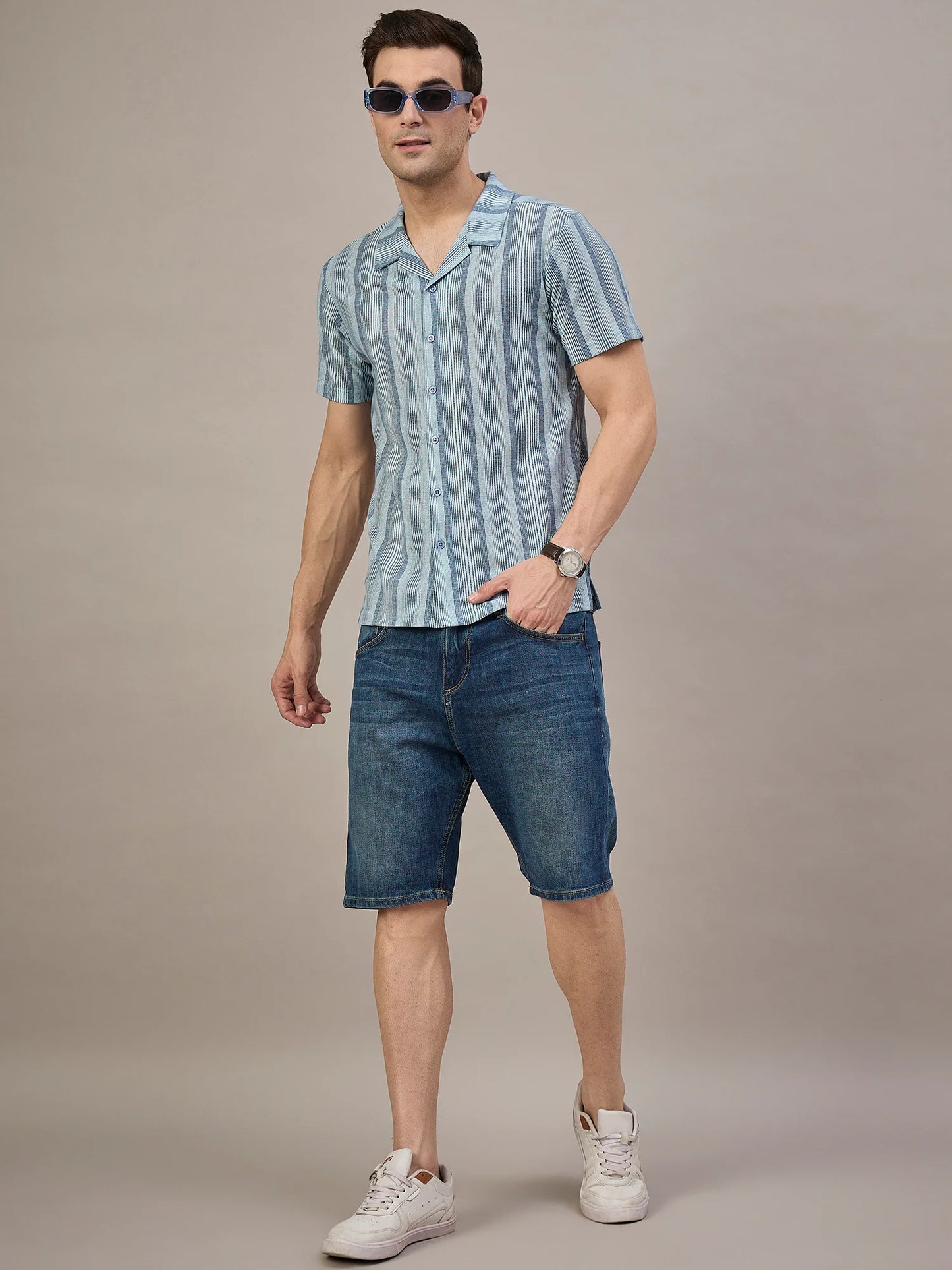 Men Striped Shirt Blue