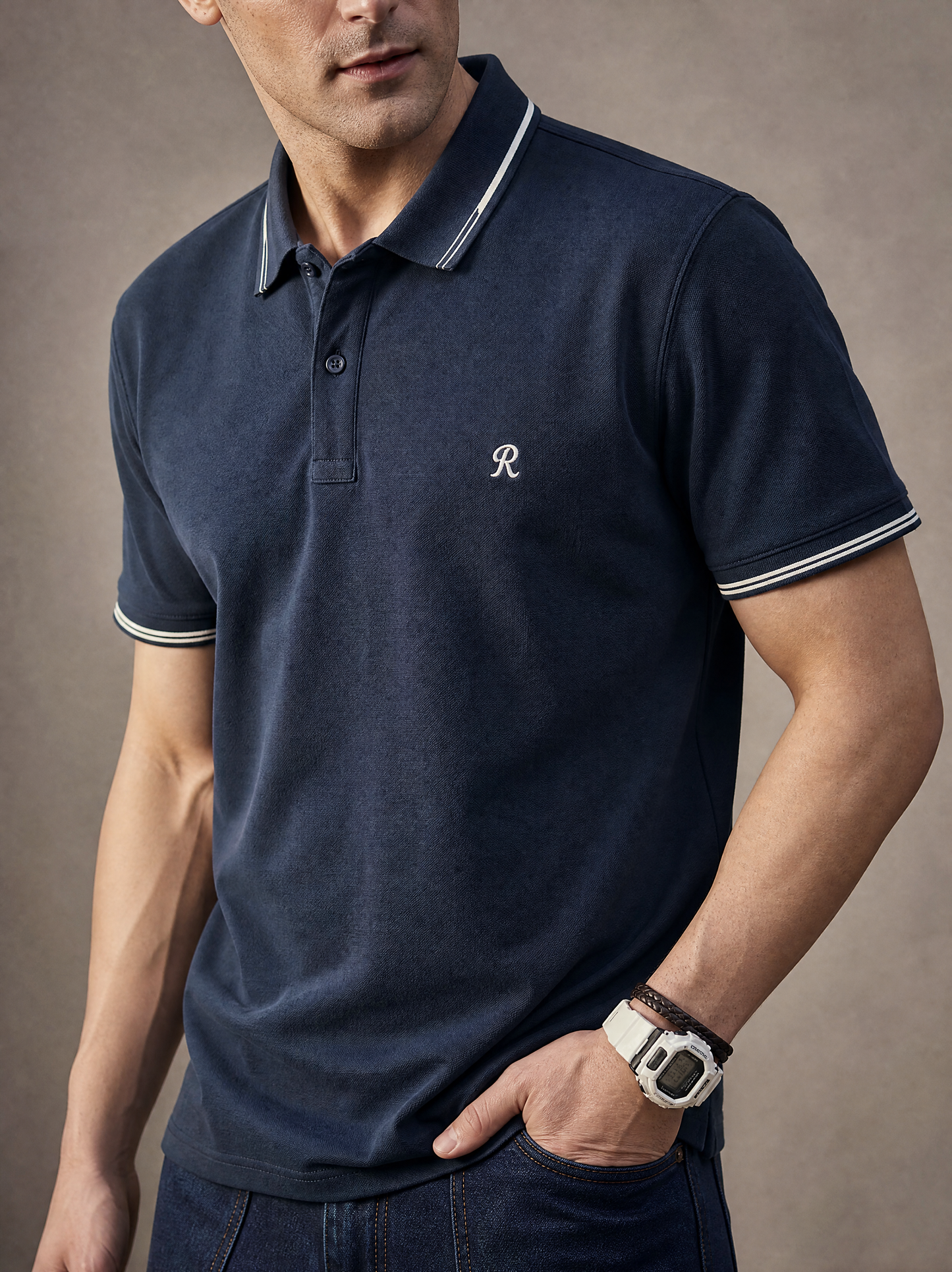 Men Stripe Navy Polo TShirt