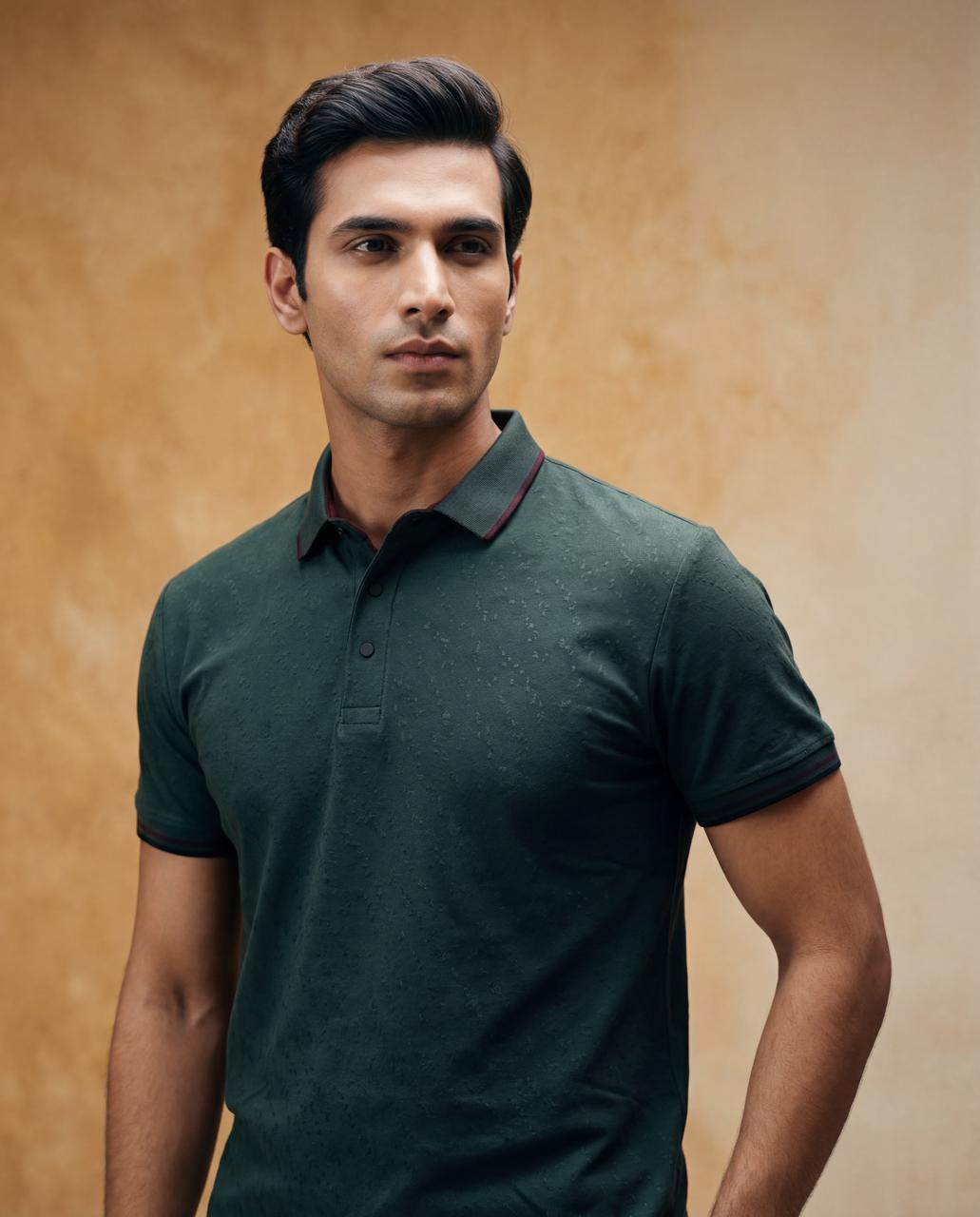 Men Textured  Bottle Green Polo TShirt - Reprise
