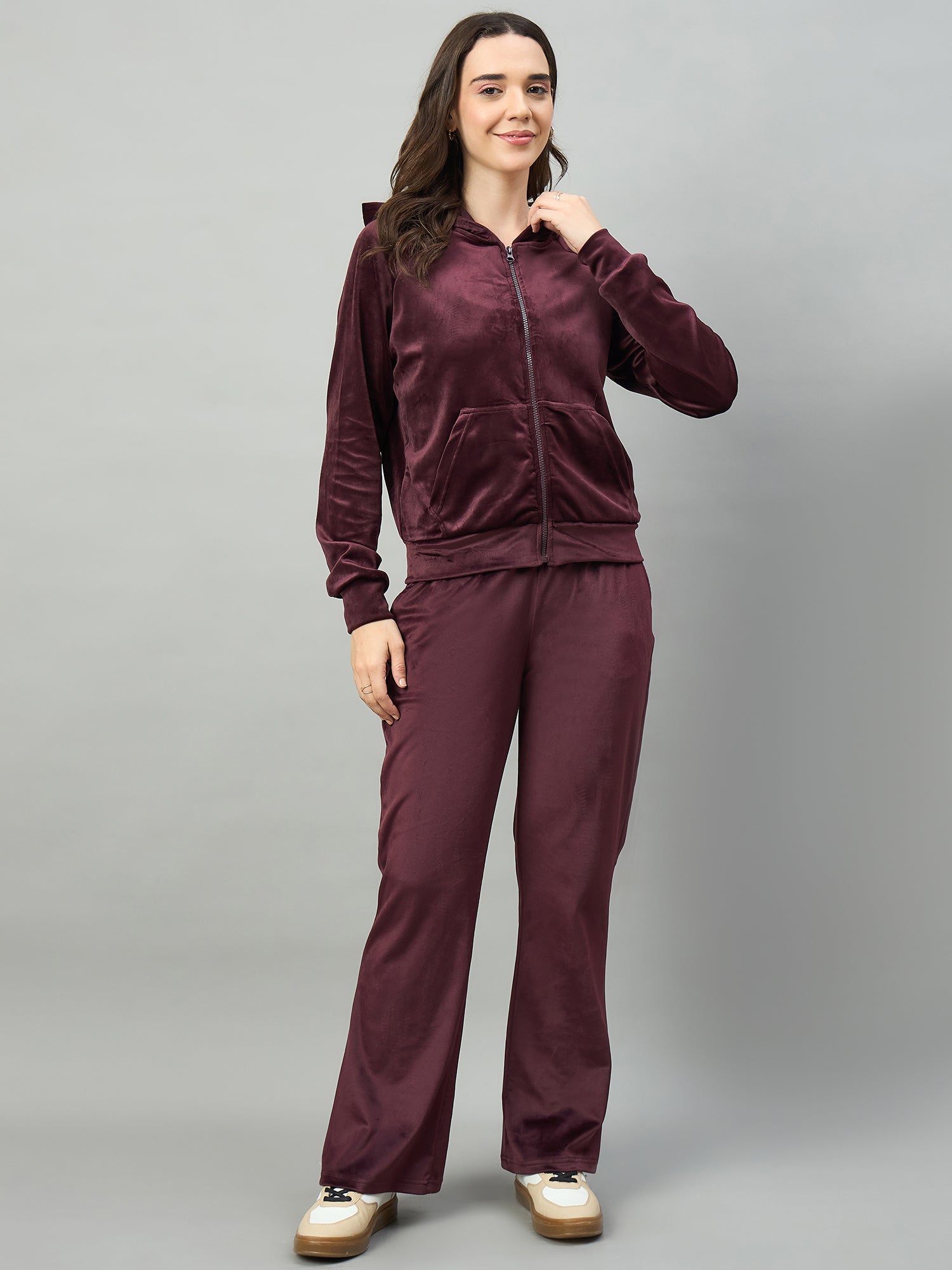 Wine Women  Velour Front Zipper Hoodie Coord Set - Reprise