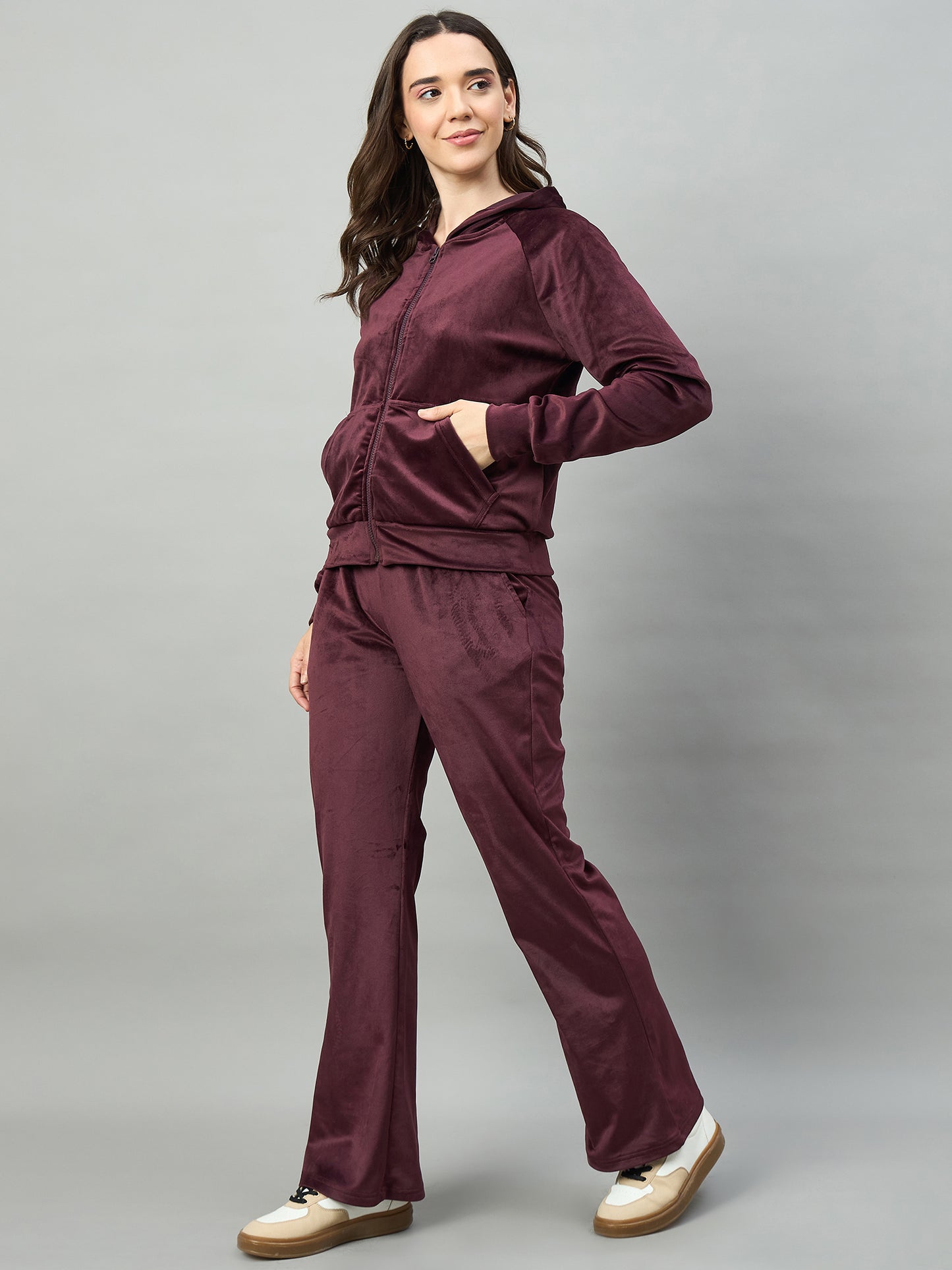 Wine Women  Velour Front Zipper Hoodie Coord Set - Reprise