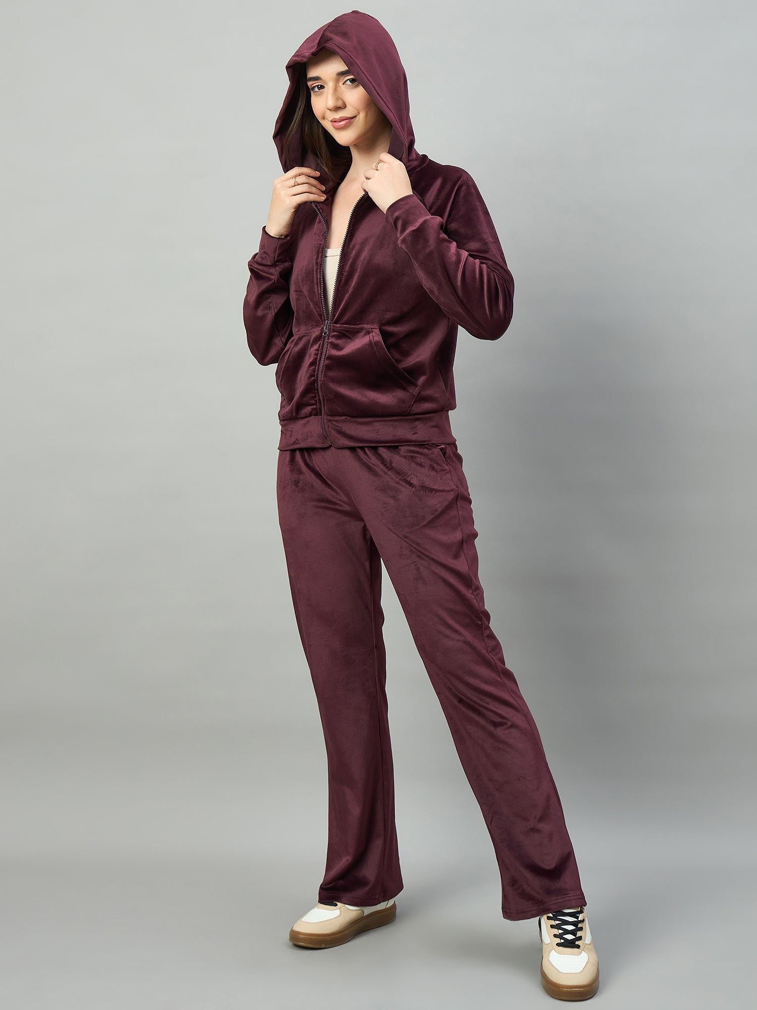 Wine Women  Velour Front Zipper Hoodie Coord Set - Reprise