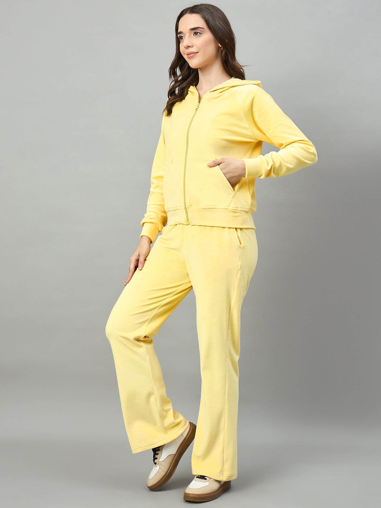 Yellow Women Velour Front Zipper Hoodie Coord Set