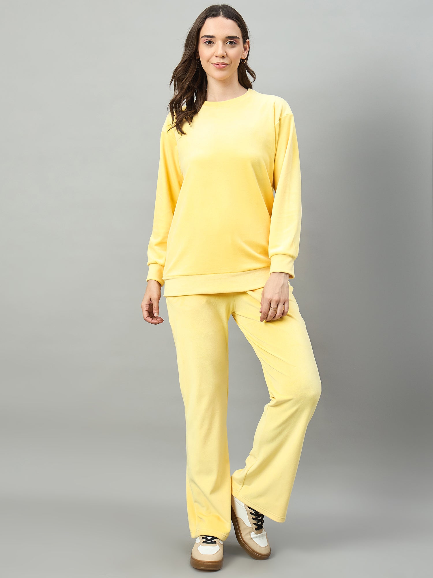 Yellow Women  Velour Front Round Neck Coord Set - Reprise
