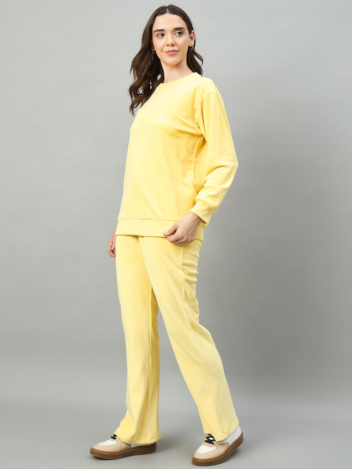 Yellow Women  Velour Front Round Neck Coord Set - Reprise