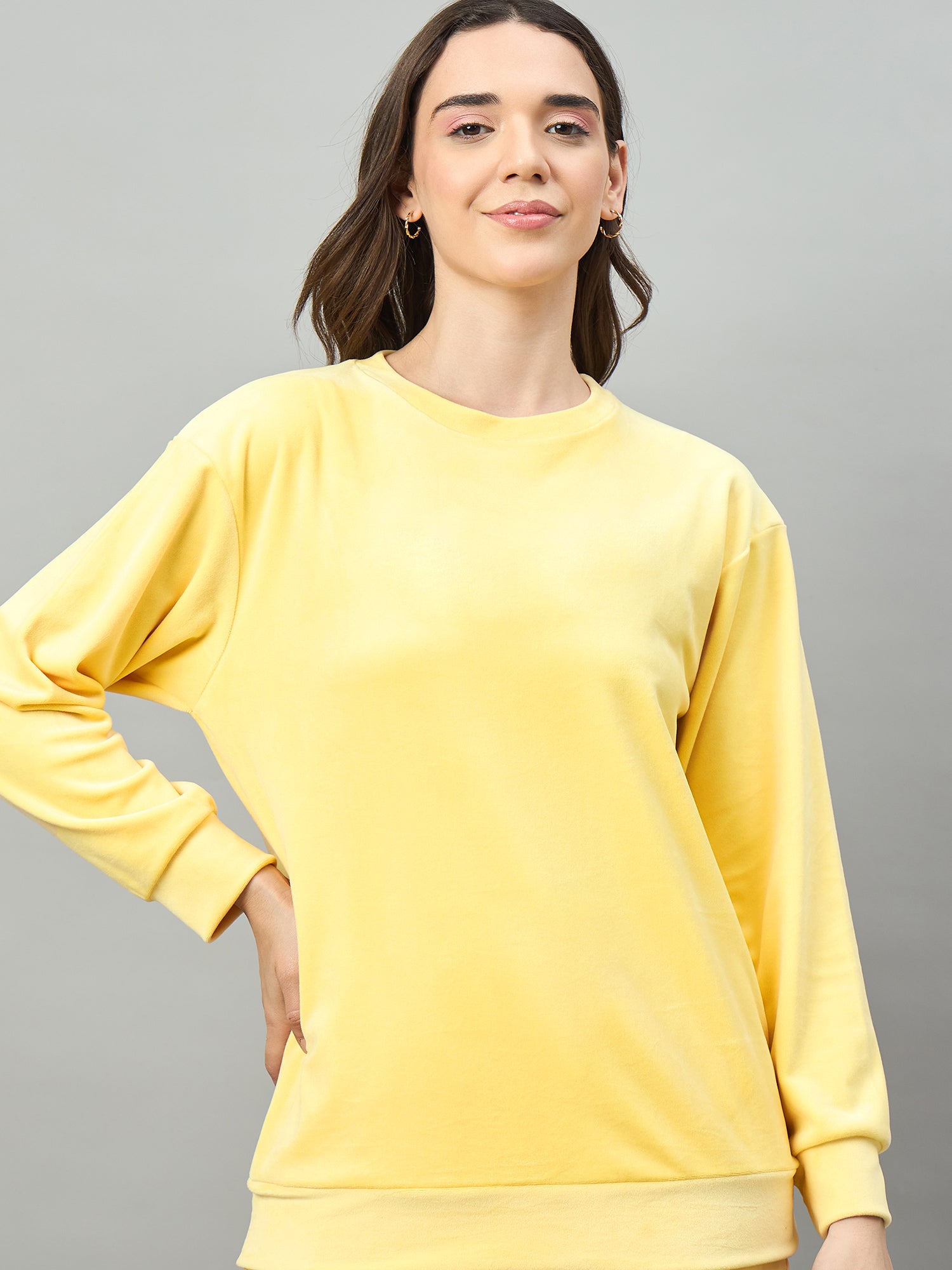 Yellow Women  Velour Front Round Neck Coord Set - Reprise