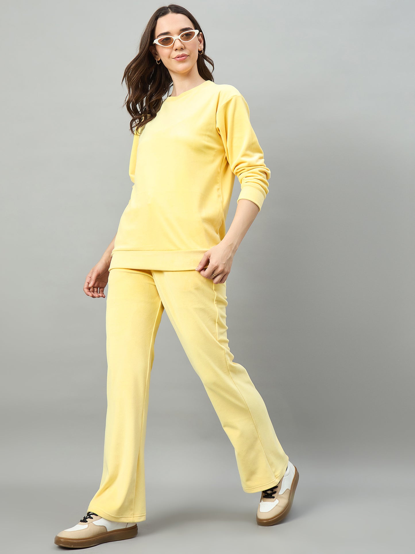 Yellow Women  Velour Front Round Neck Coord Set - Reprise