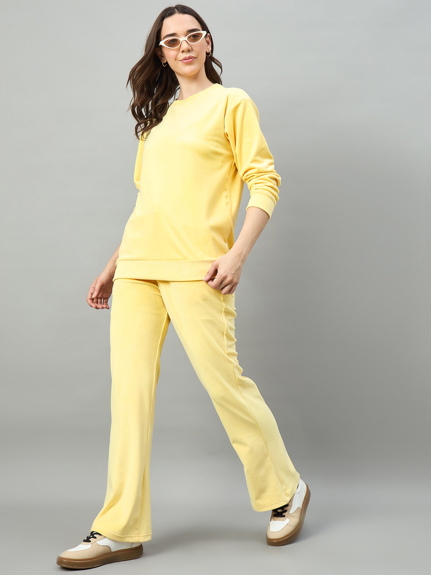 Yellow Women  Velour Front Round Neck Coord Set - Reprise