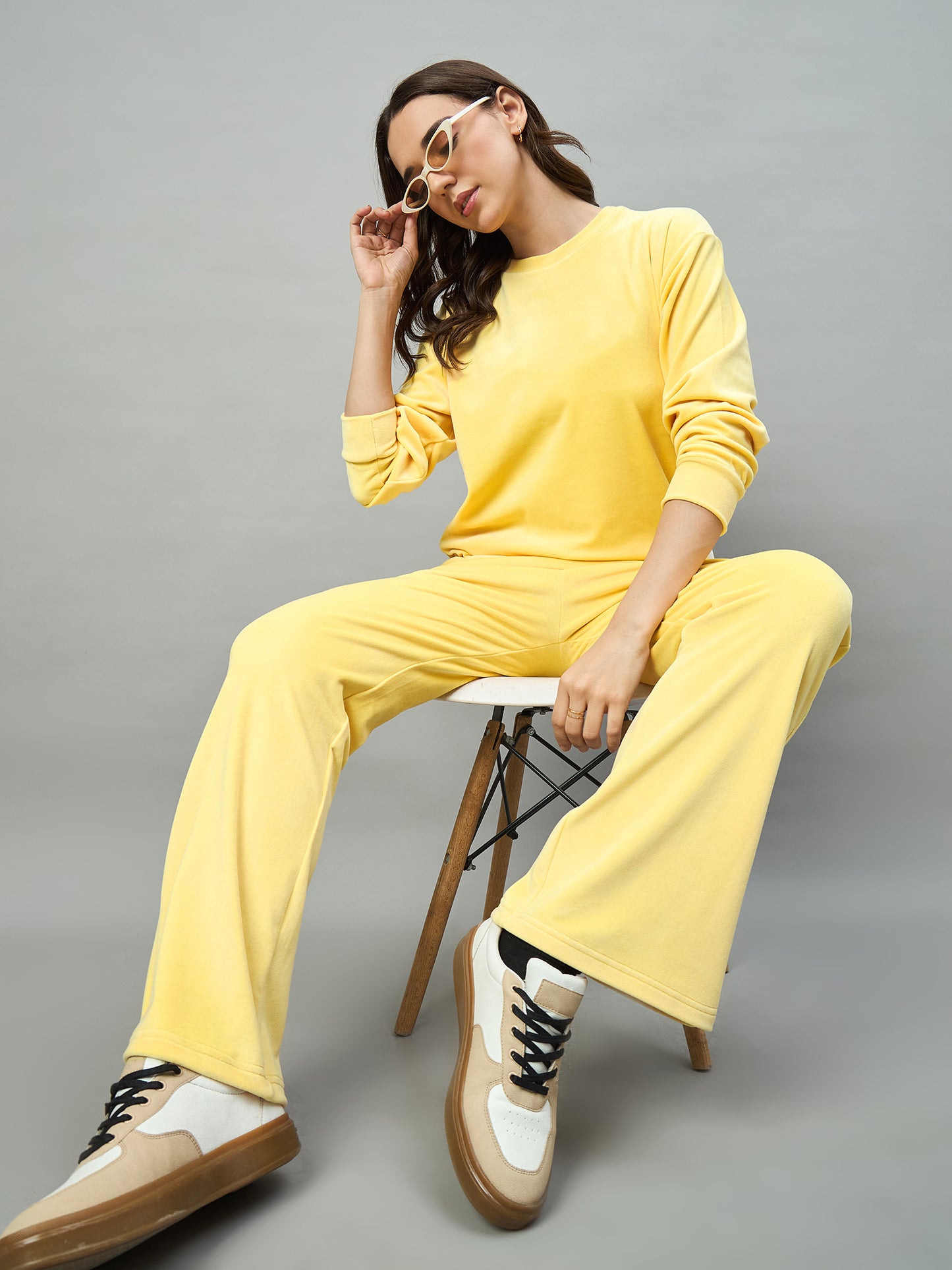Yellow Women  Velour Front Round Neck Coord Set - Reprise