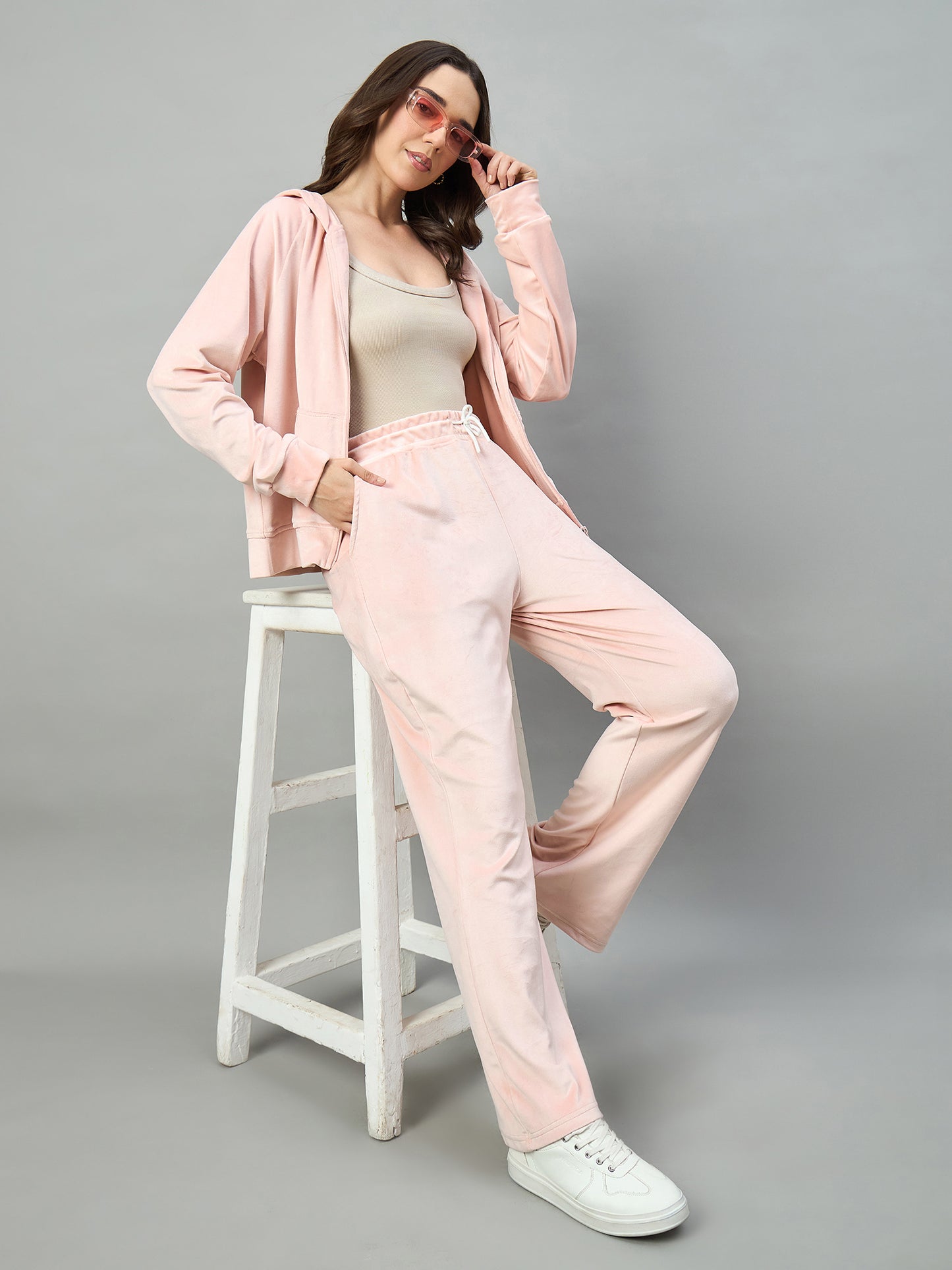 Pink Women Velour Front Zipper Hoodie Coord Set