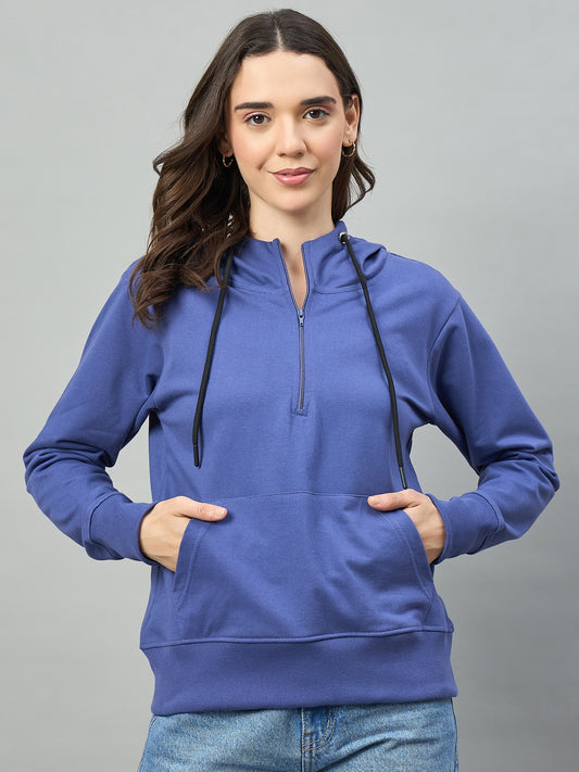 Blue Women Solid Regular Fit Front Half Zipper Hoodie