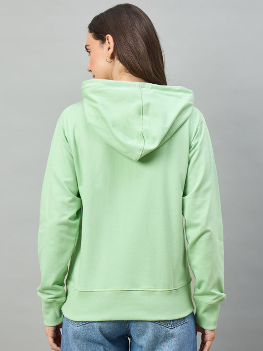 Green Women Solid Regular Fit Front Half Zipper Hoodie