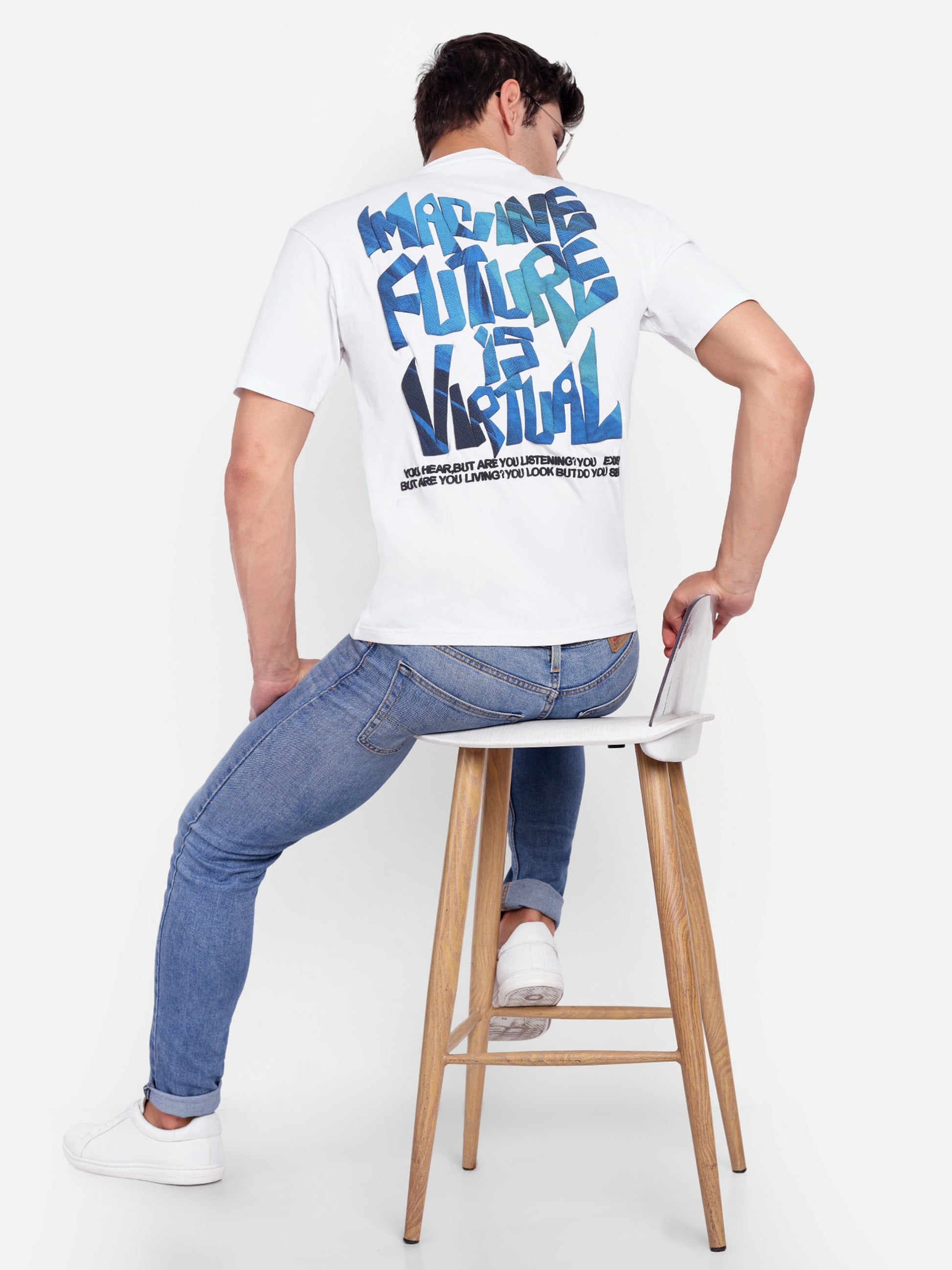 White Men Round Neck Oversize Printed T-shirt - Reprise