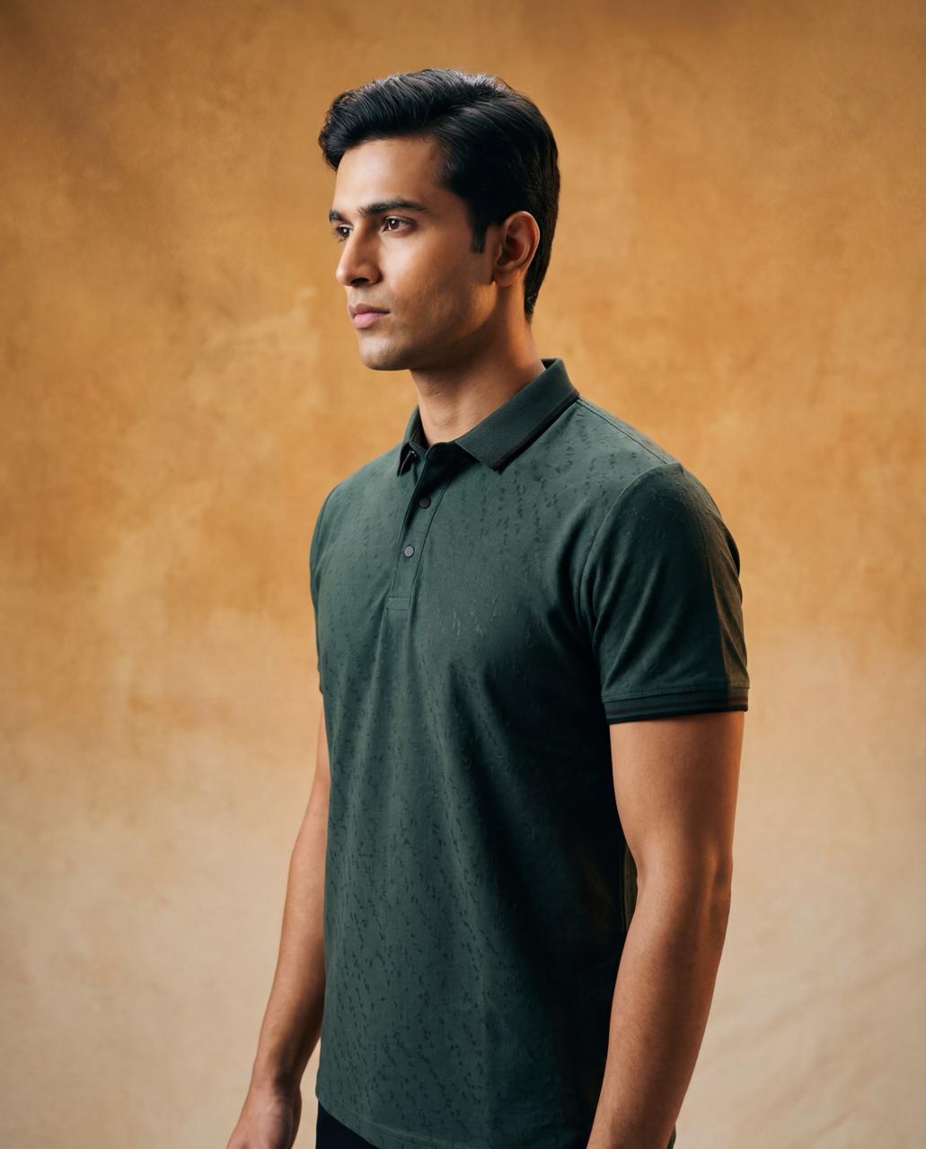 Men Textured  Bottle Green Polo TShirt - Reprise