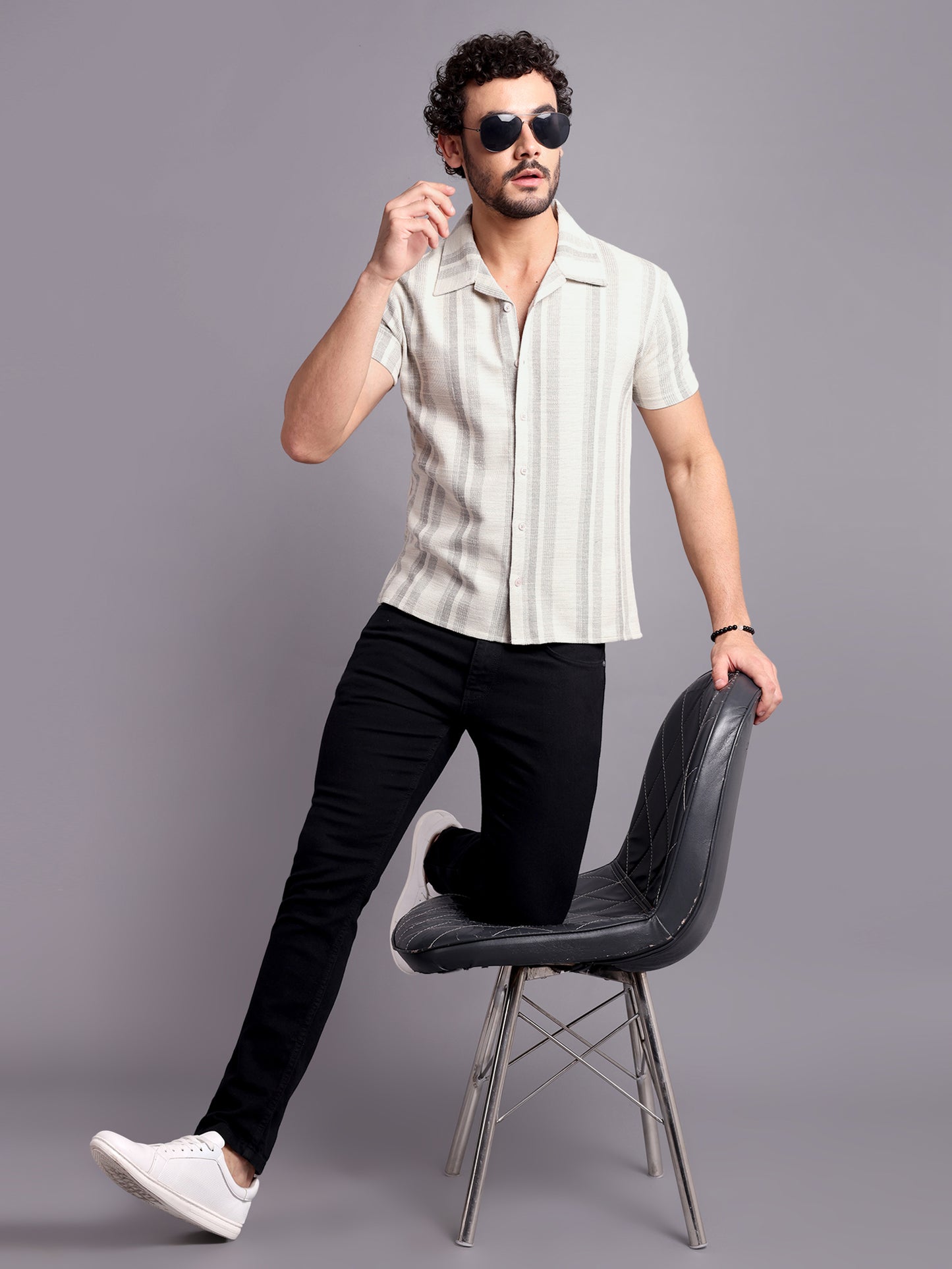 Men Regular Fit Spread Collar Textured Shirt White Grey - Reprise