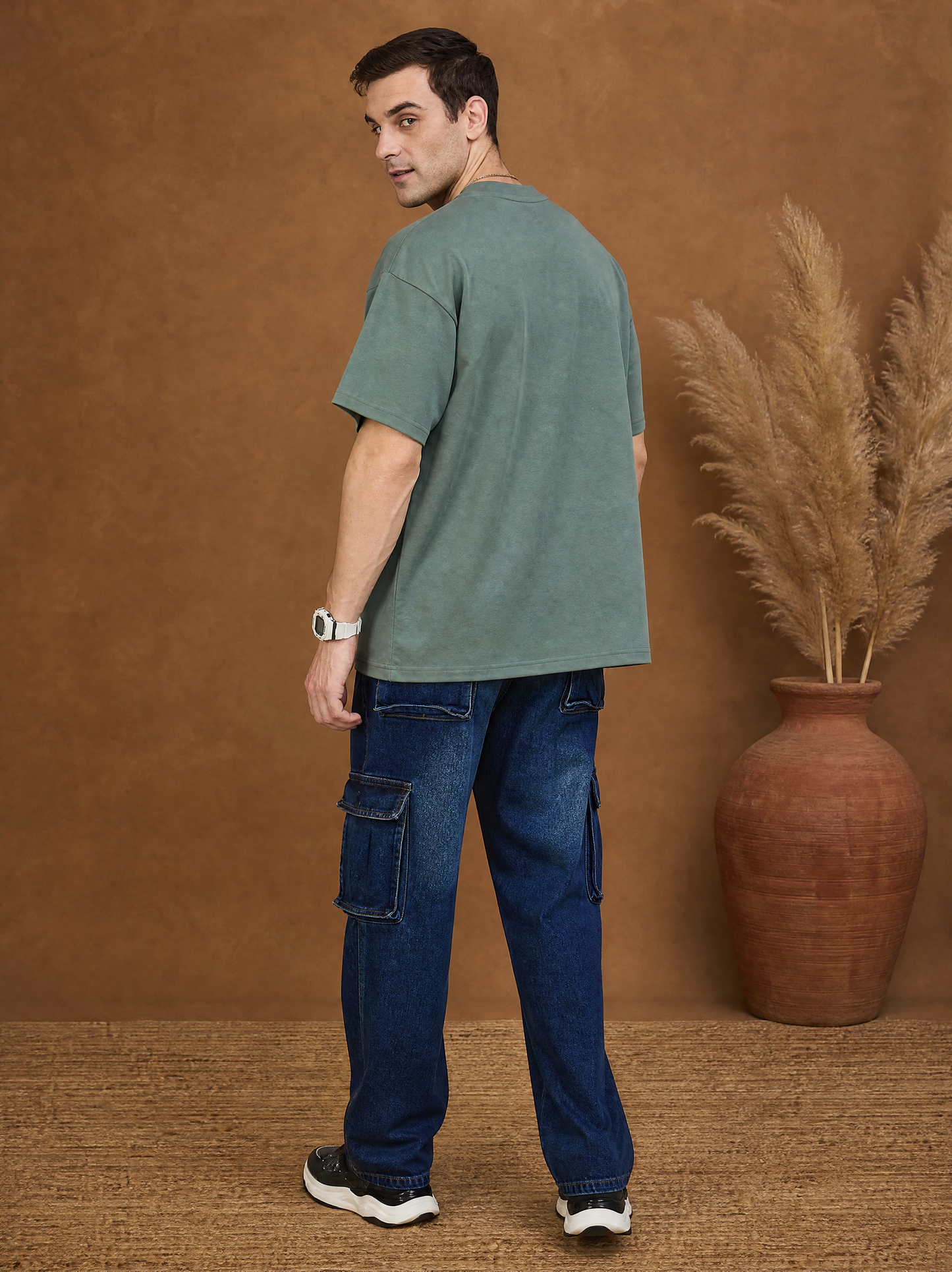 Men Oversize Printed Round Neck T-shirt Olive