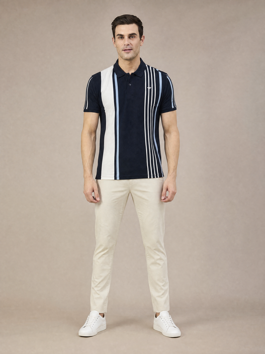 Men Cotton Polo Strip T-Shirts Navy - Reprise