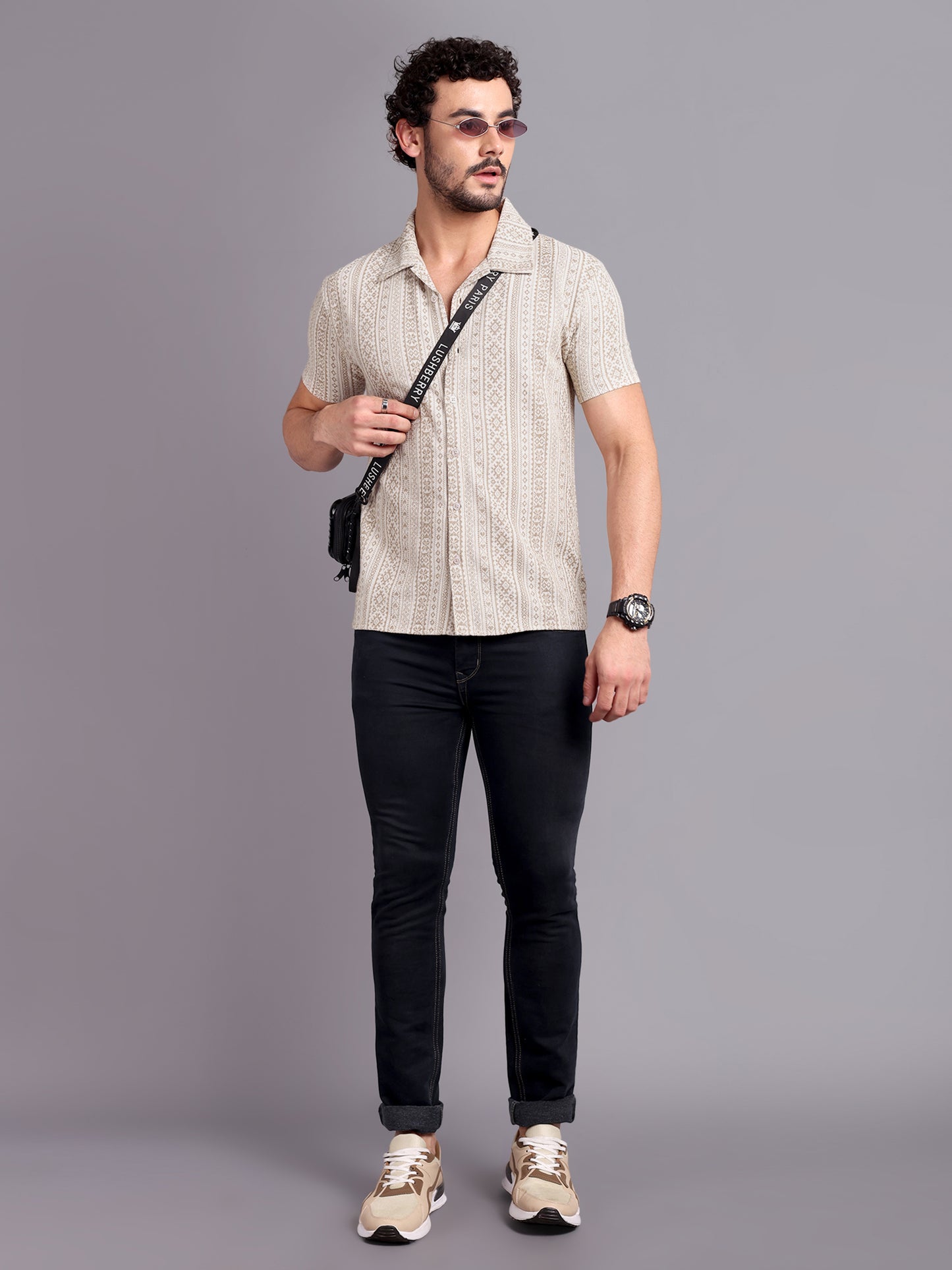 Men Regular Fit Spread Collar Textured Shirt Beige - Reprise