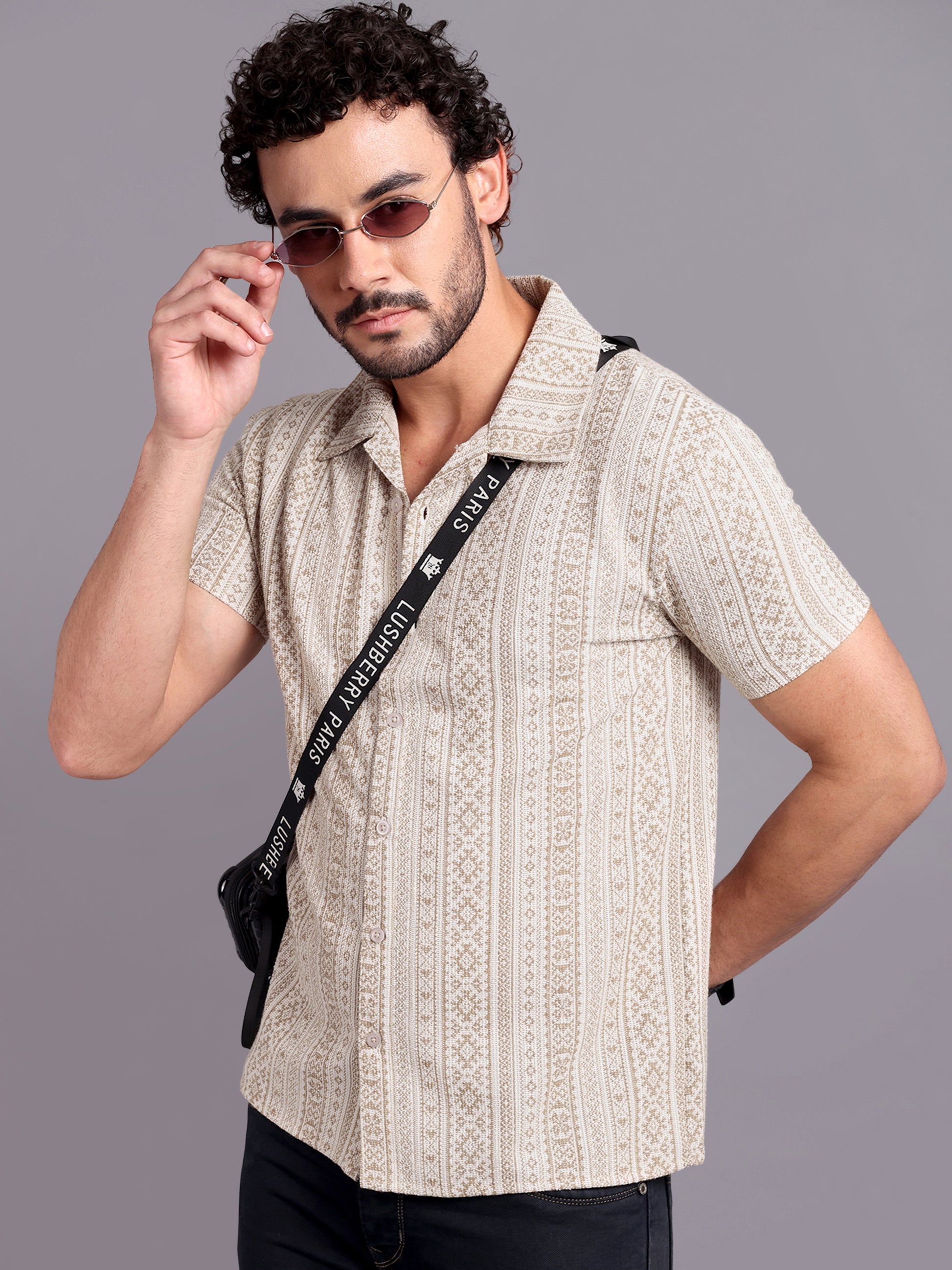 Men Regular Fit Spread Collar Textured Shirt Beige - Reprise
