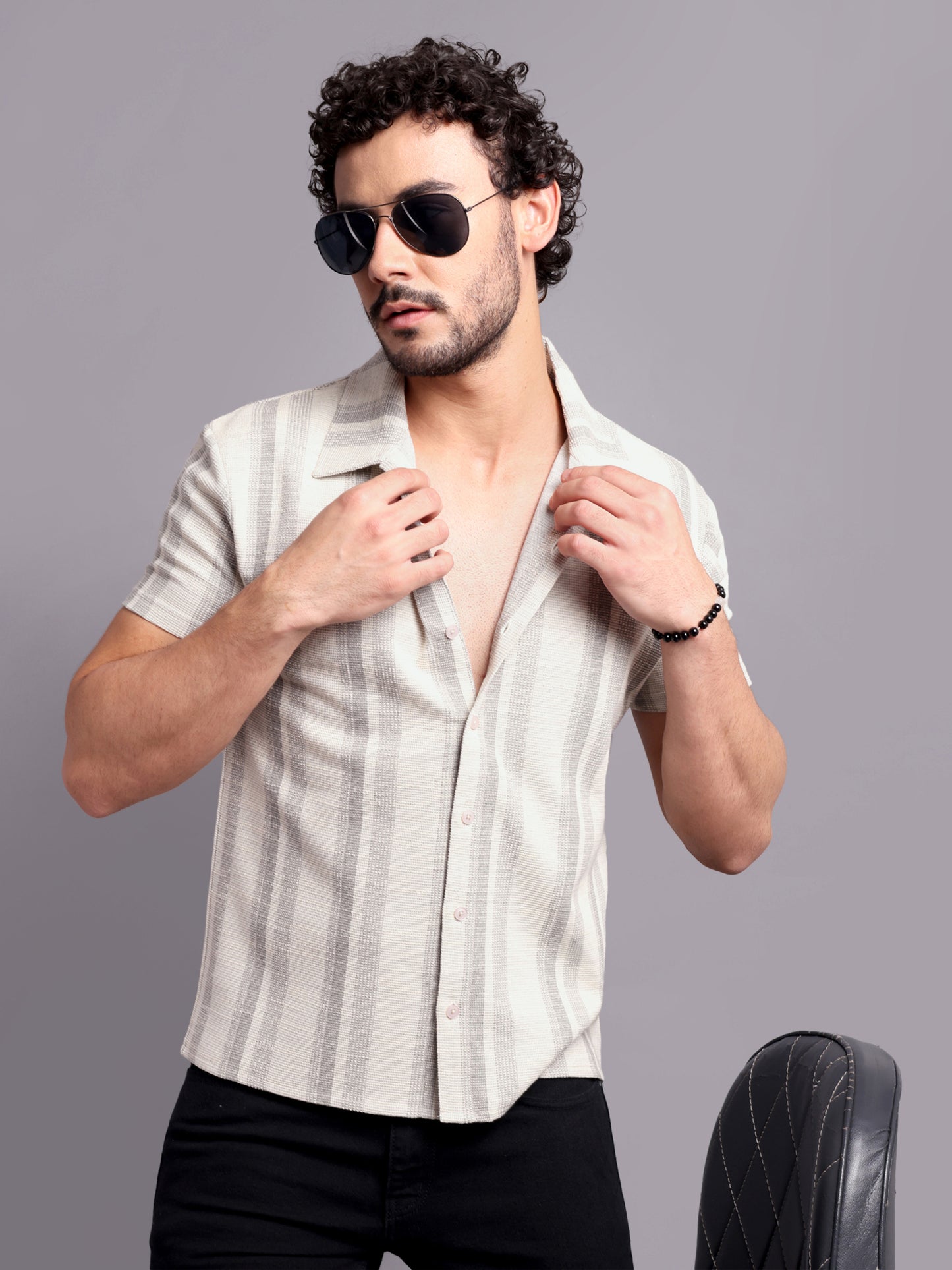 Men Regular Fit Spread Collar Textured Shirt White Grey - Reprise