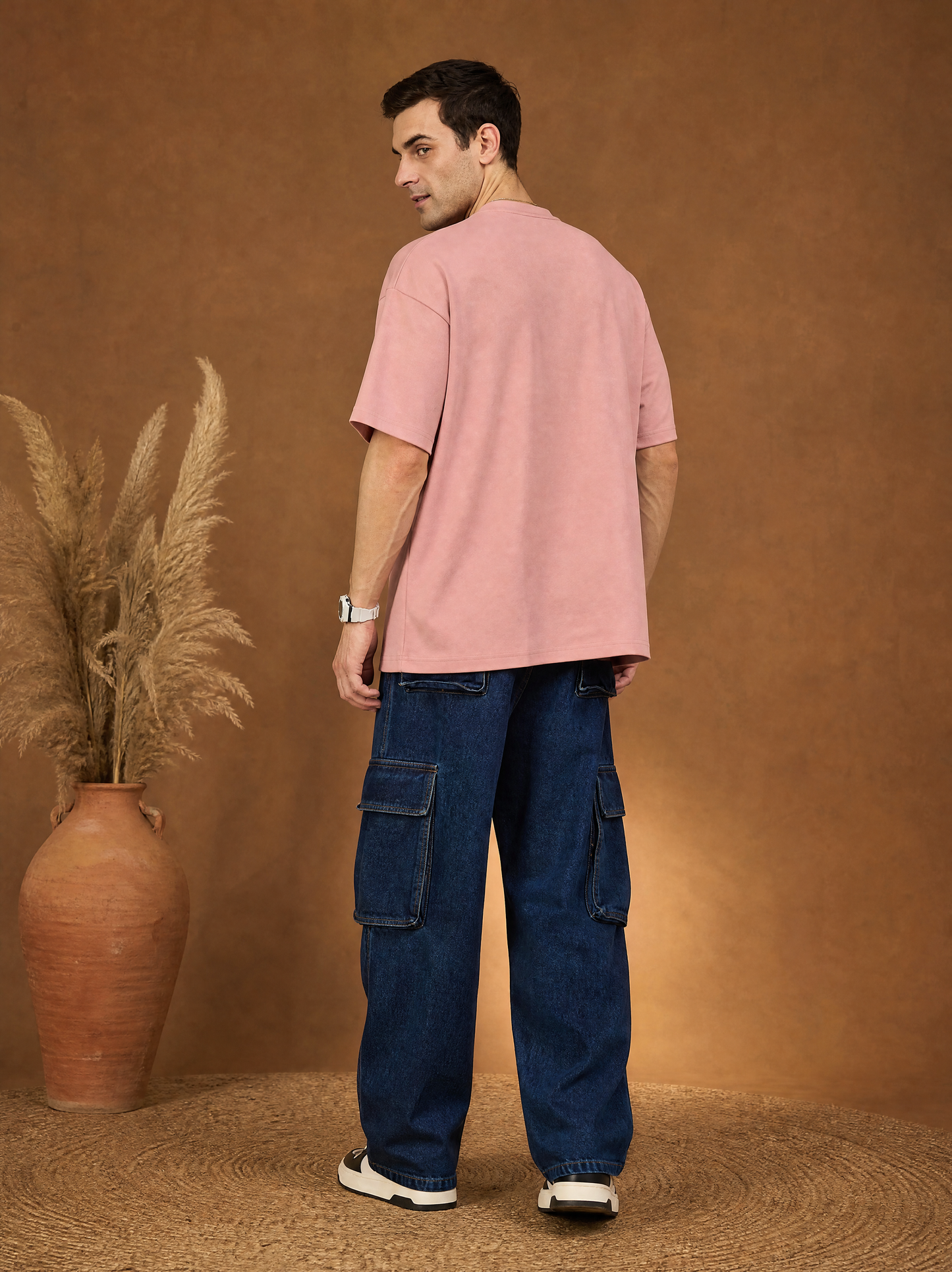 Men Oversize Printed Round Neck T-shirt Peach