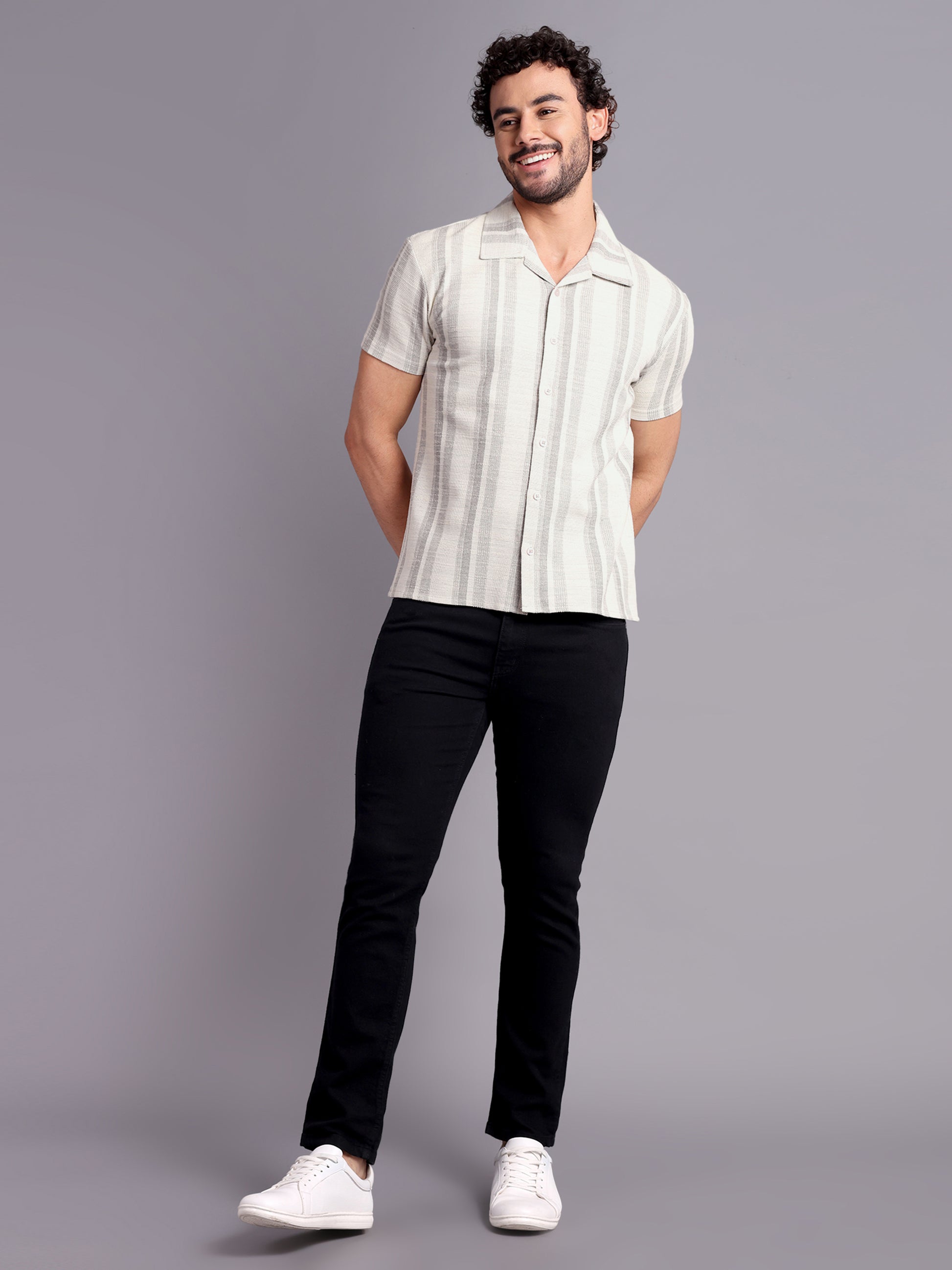 Men Regular Fit Spread Collar Textured Shirt White Grey - Reprise