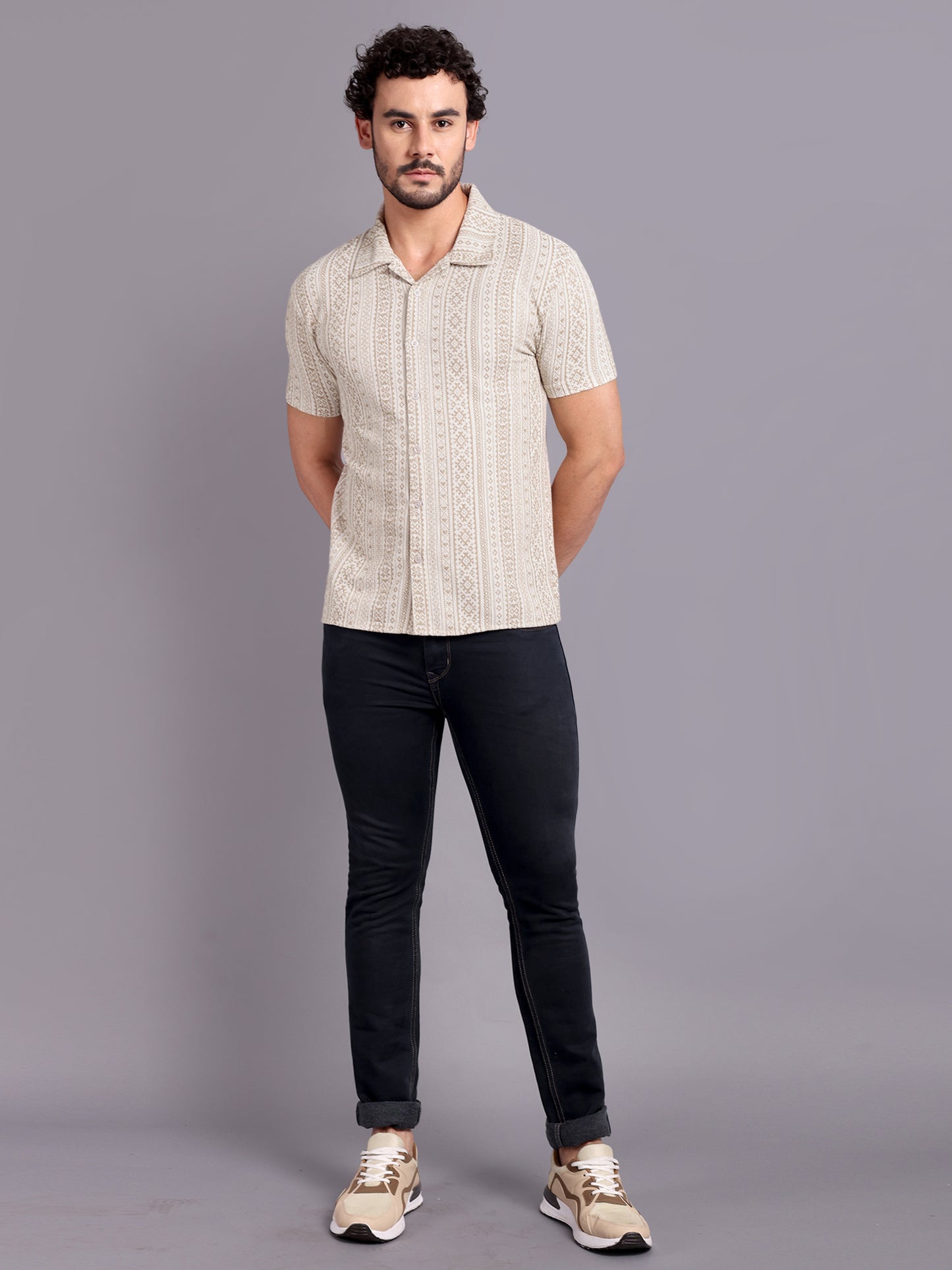 Men Regular Fit Spread Collar Textured Shirt Beige - Reprise