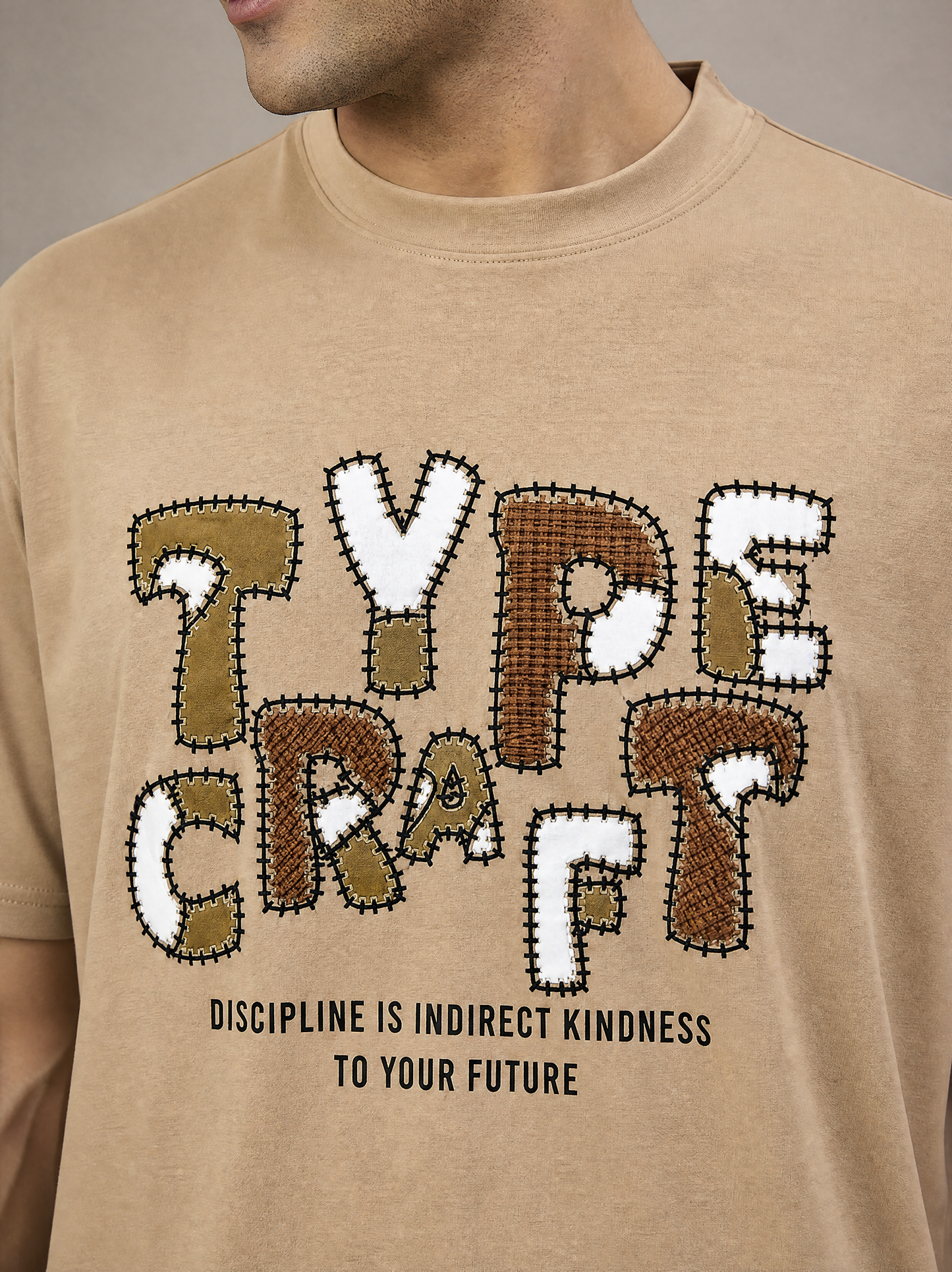 Men Oversized Printed Round Neck Drop shoulder T-shirt Beige
