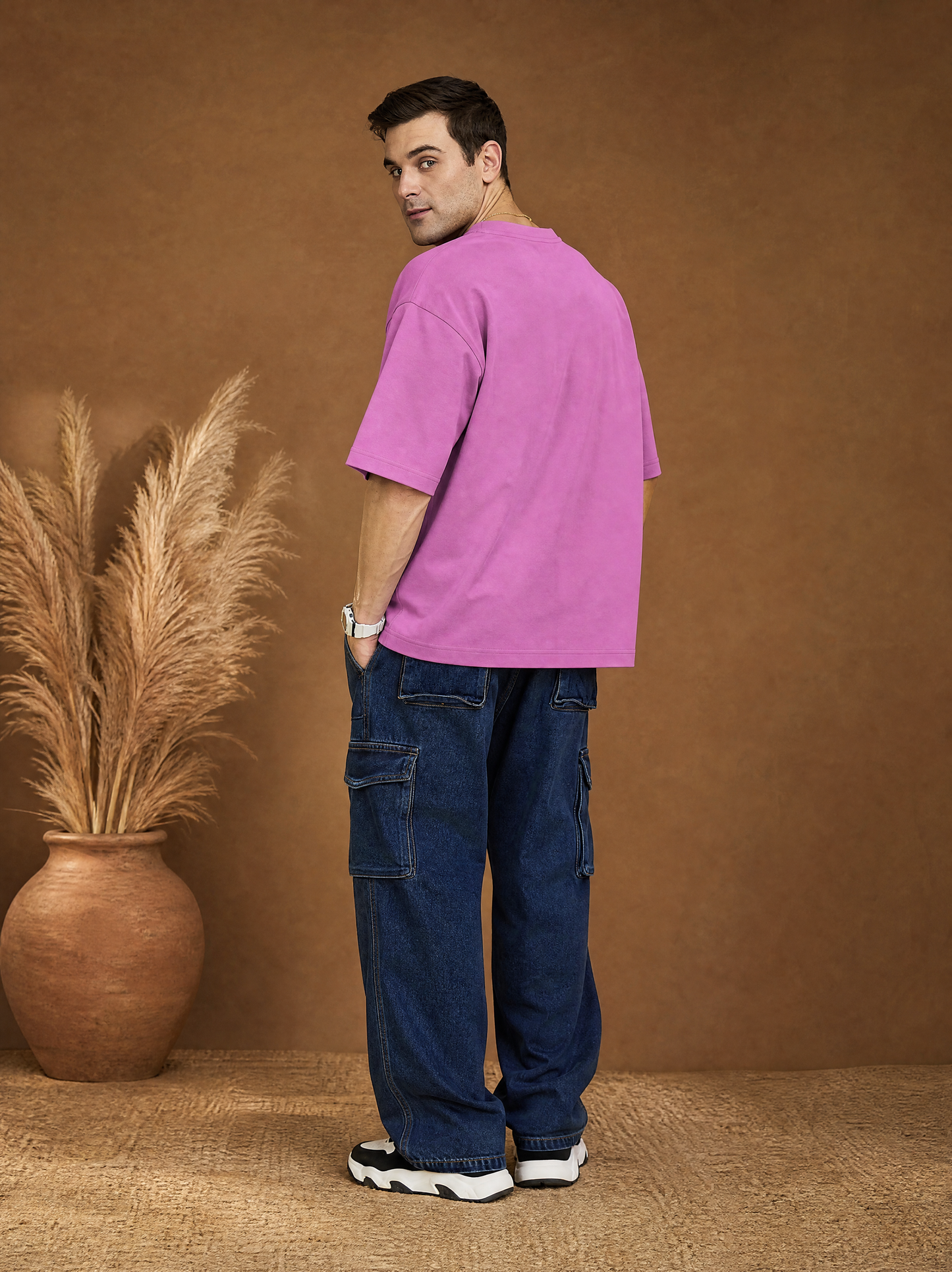 Men Oversize Printed Round Neck T-shirt Pink