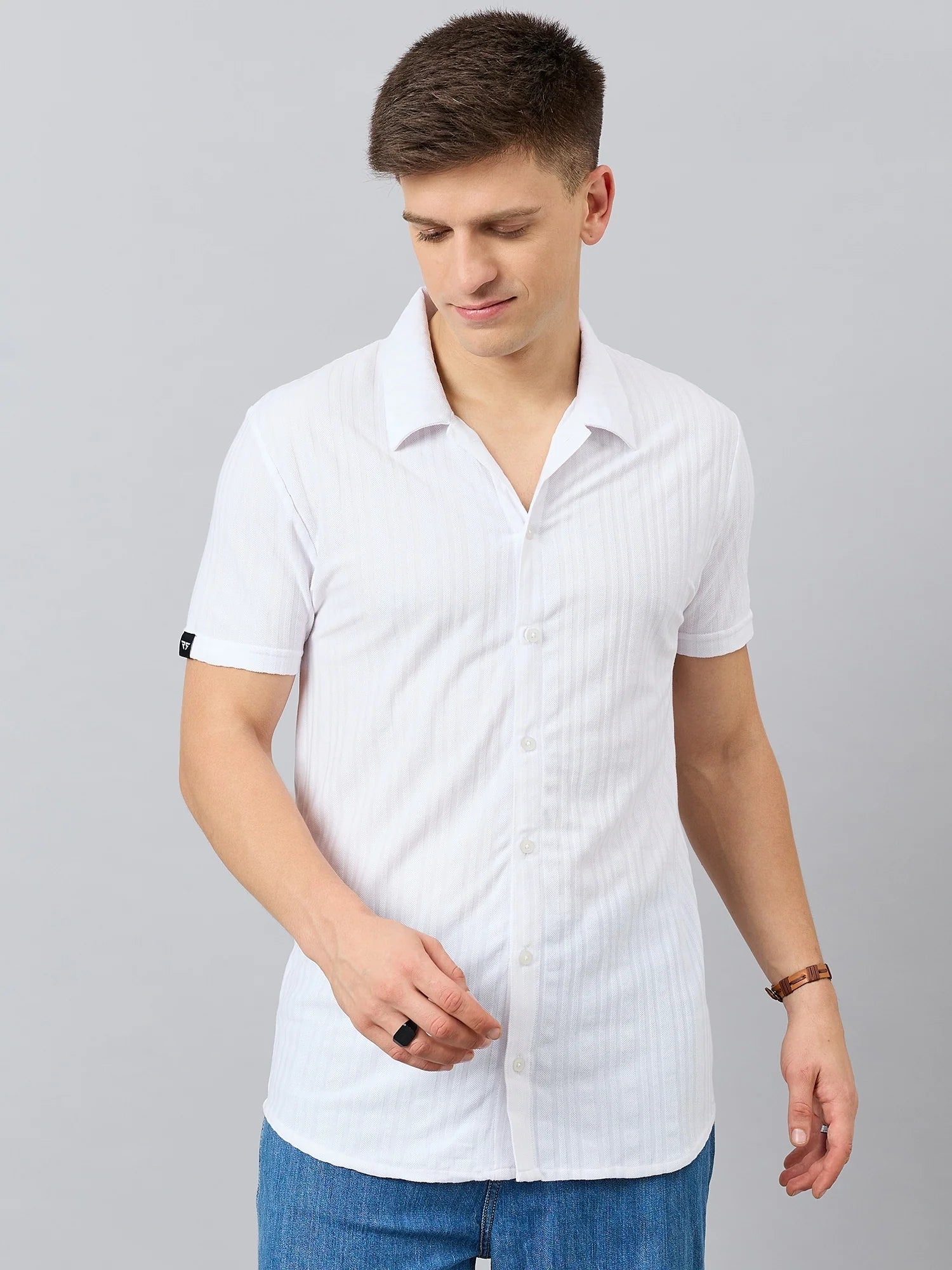 Men Regular Fit Textured Spread Collar Shirt White