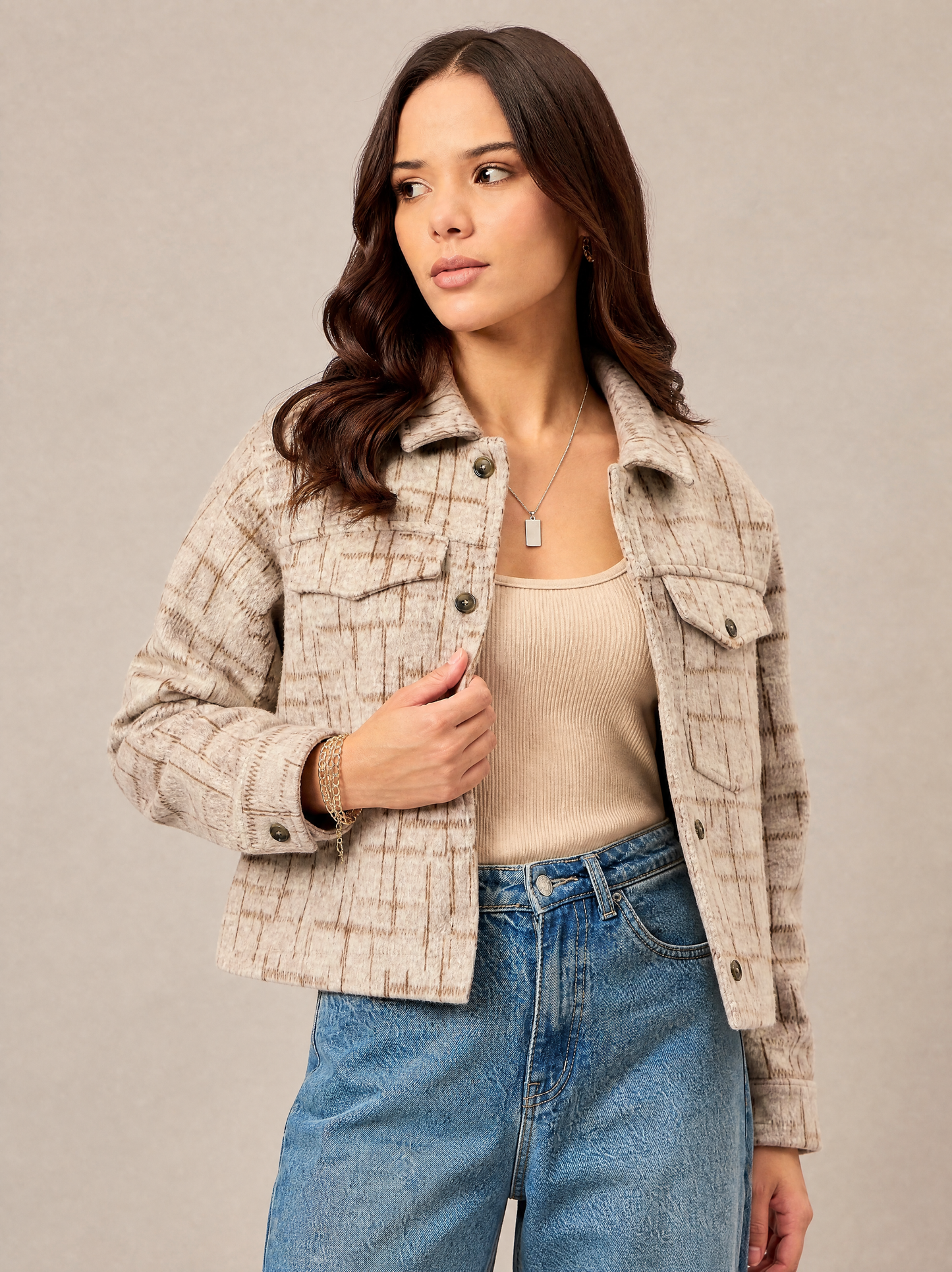 Women Textured Jacket Beige