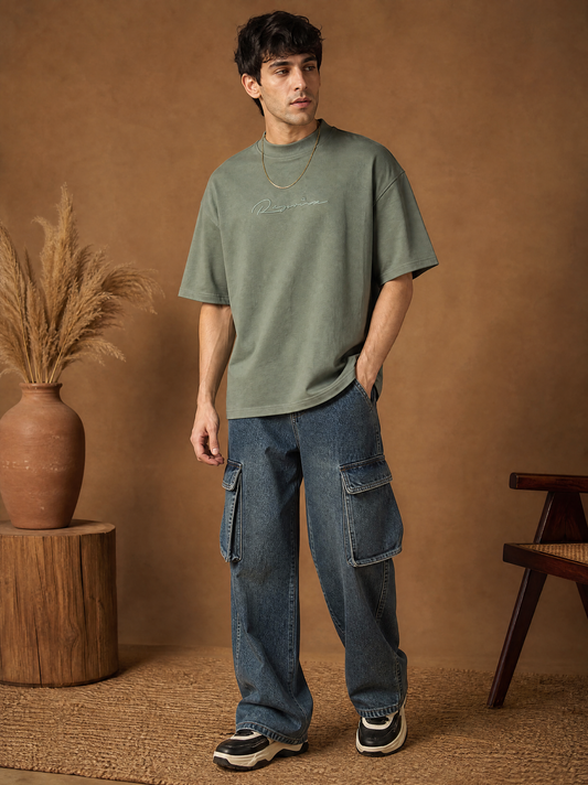 Men Oversize Printed Round Neck T-shirt Olive