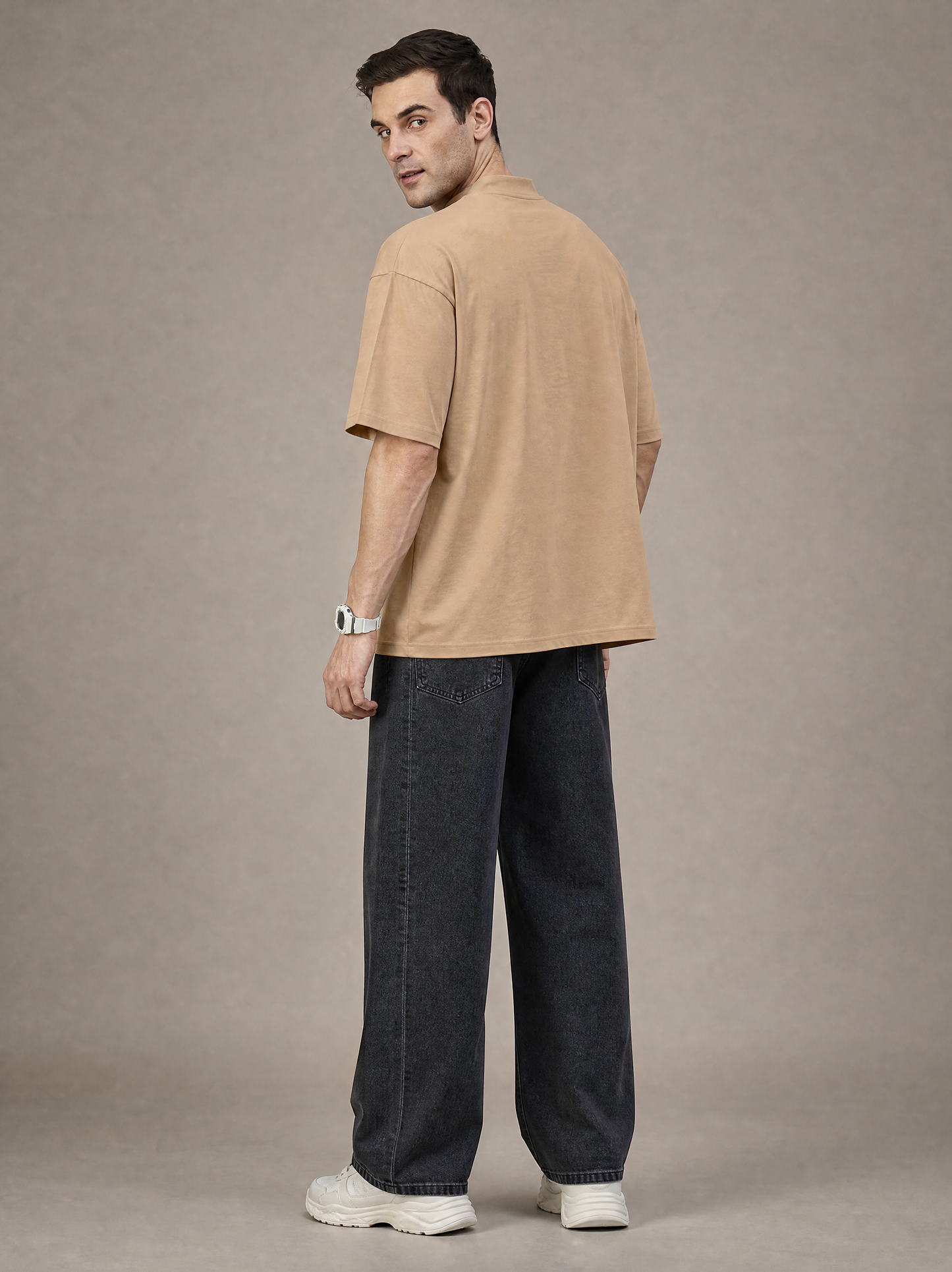 Men Oversized Printed Round Neck Drop shoulder T-shirt Beige